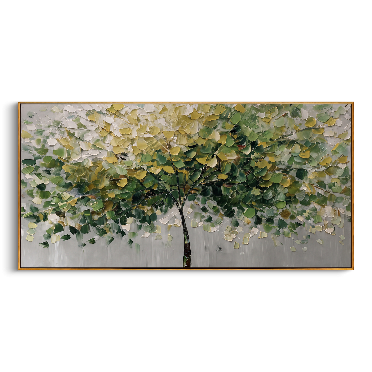 "Soft Green Canopy Tree Painting" - Modern Heavy Impasto Abstract Artwork | Sage Green & Yellow Palette Knife Painting | Luxury Horizontal Wall Art #PT 1396