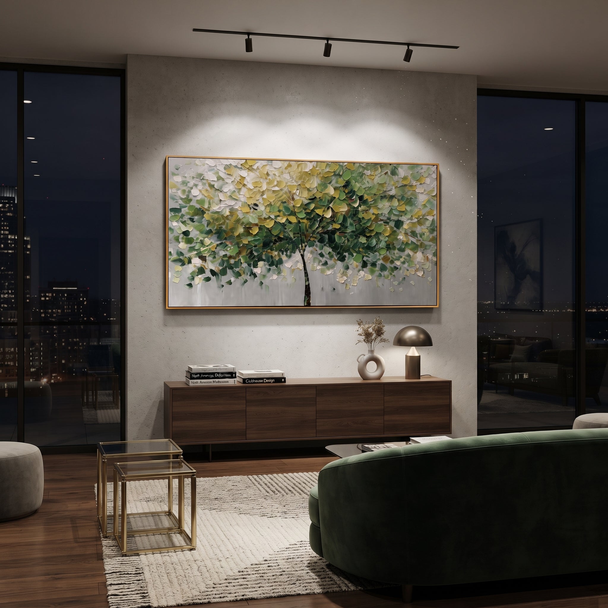 "Soft Green Canopy Tree Painting" focuses on atmosphere, surface movement, and sculptural heavy impasto craftsmanship rather than a fixed literal storyline. The composition uses this hand-painted panoramic canvas shows a graceful tree canopy spreading across a soft grey ground, with layered green, yellow, and white leaves, fine dark stems, and heavy palette-knife texture across the foliage as the visual anchor, while layered palette-knife paint, raised plaster-like texture, and softened brush