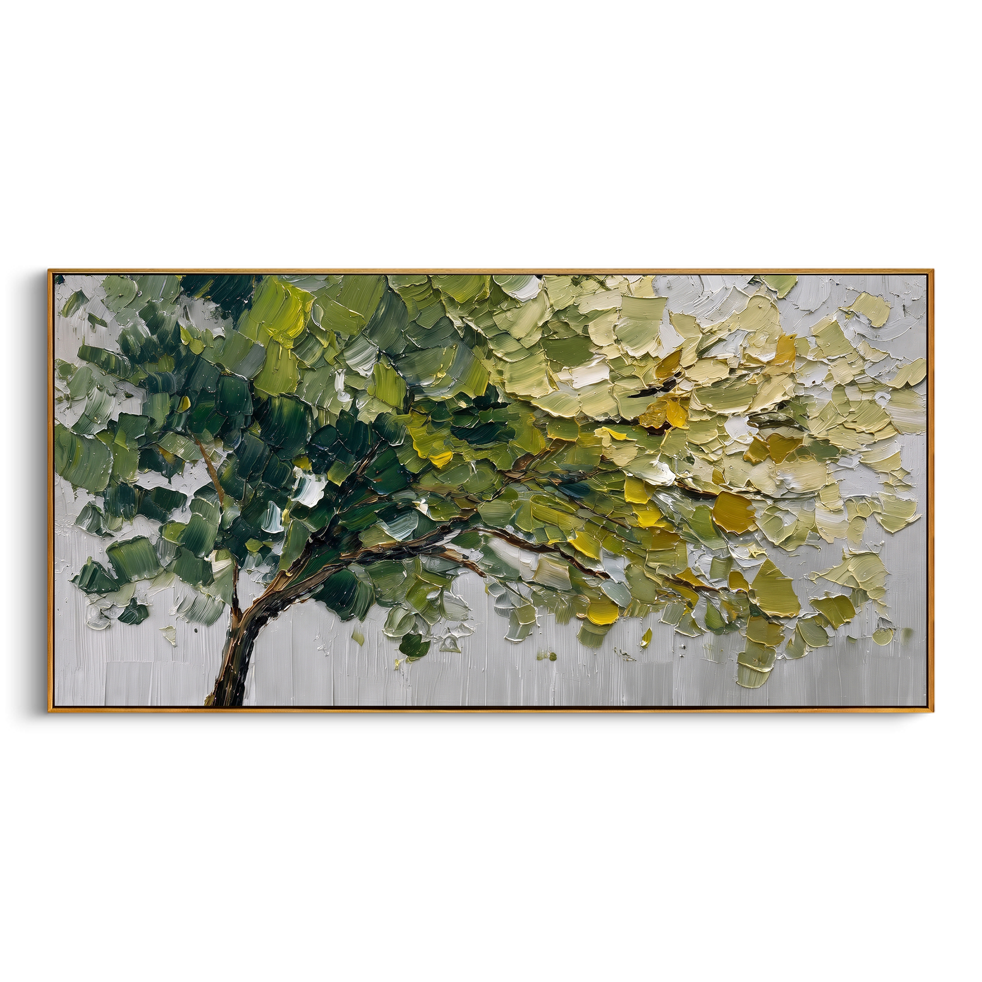 "Sloping Green Canopy Painting" focuses on atmosphere, surface movement, and sculptural heavy impasto craftsmanship rather than a fixed literal storyline. The composition uses this hand-painted panoramic canvas presents a sloping forest canopy with dark green branches sweeping across the composition, layered olive and yellow leaves, a pale grey ground, and thick palette-knife texture as the visual anchor, while layered palette-knife paint, raised plaster-like texture, and softened brush movement