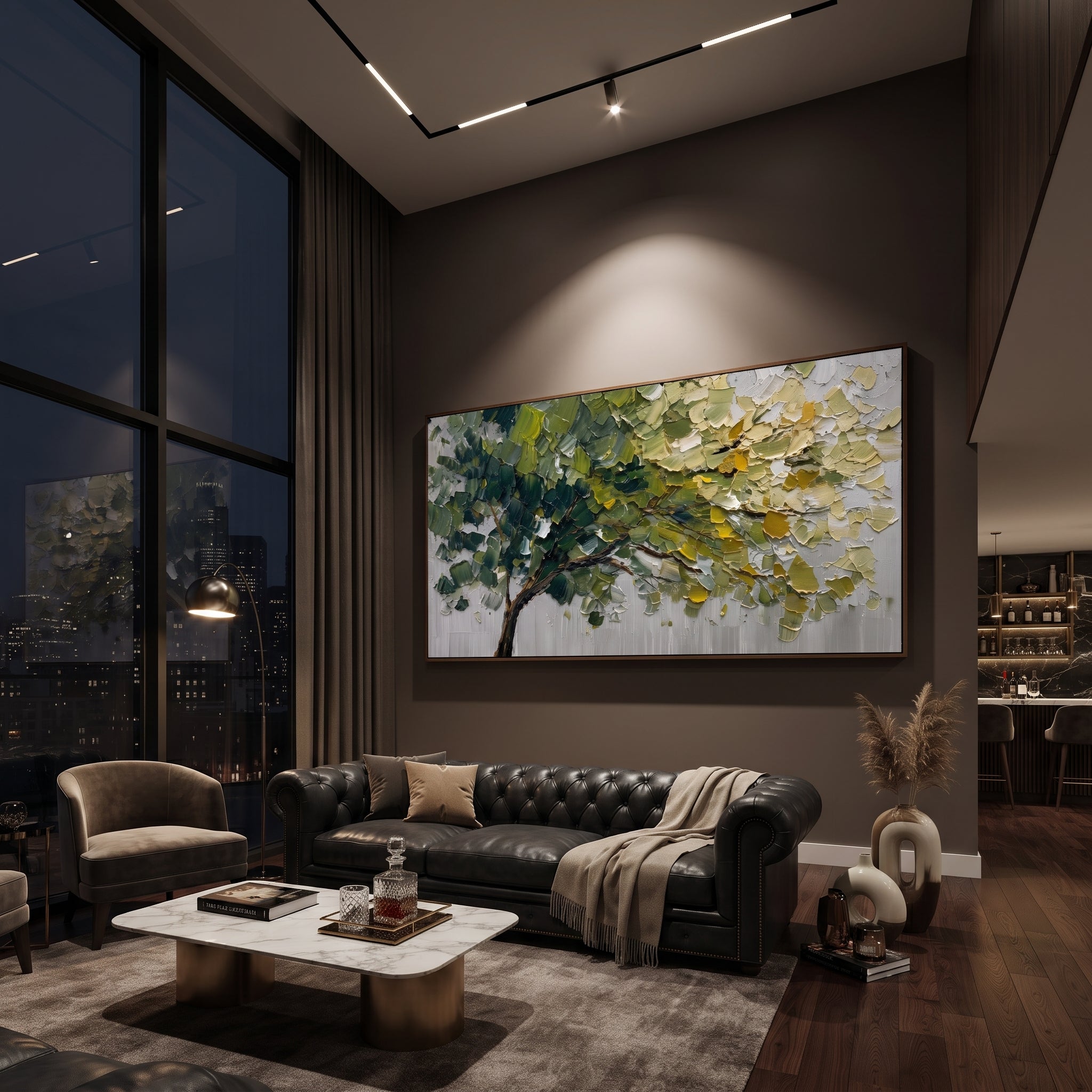 "Sloping Green Canopy Painting" focuses on atmosphere, surface movement, and sculptural heavy impasto craftsmanship rather than a fixed literal storyline. The composition uses this hand-painted panoramic canvas presents a sloping forest canopy with dark green branches sweeping across the composition, layered olive and yellow leaves, a pale grey ground, and thick palette-knife texture as the visual anchor, while layered palette-knife paint, raised plaster-like texture, and softened brush movement