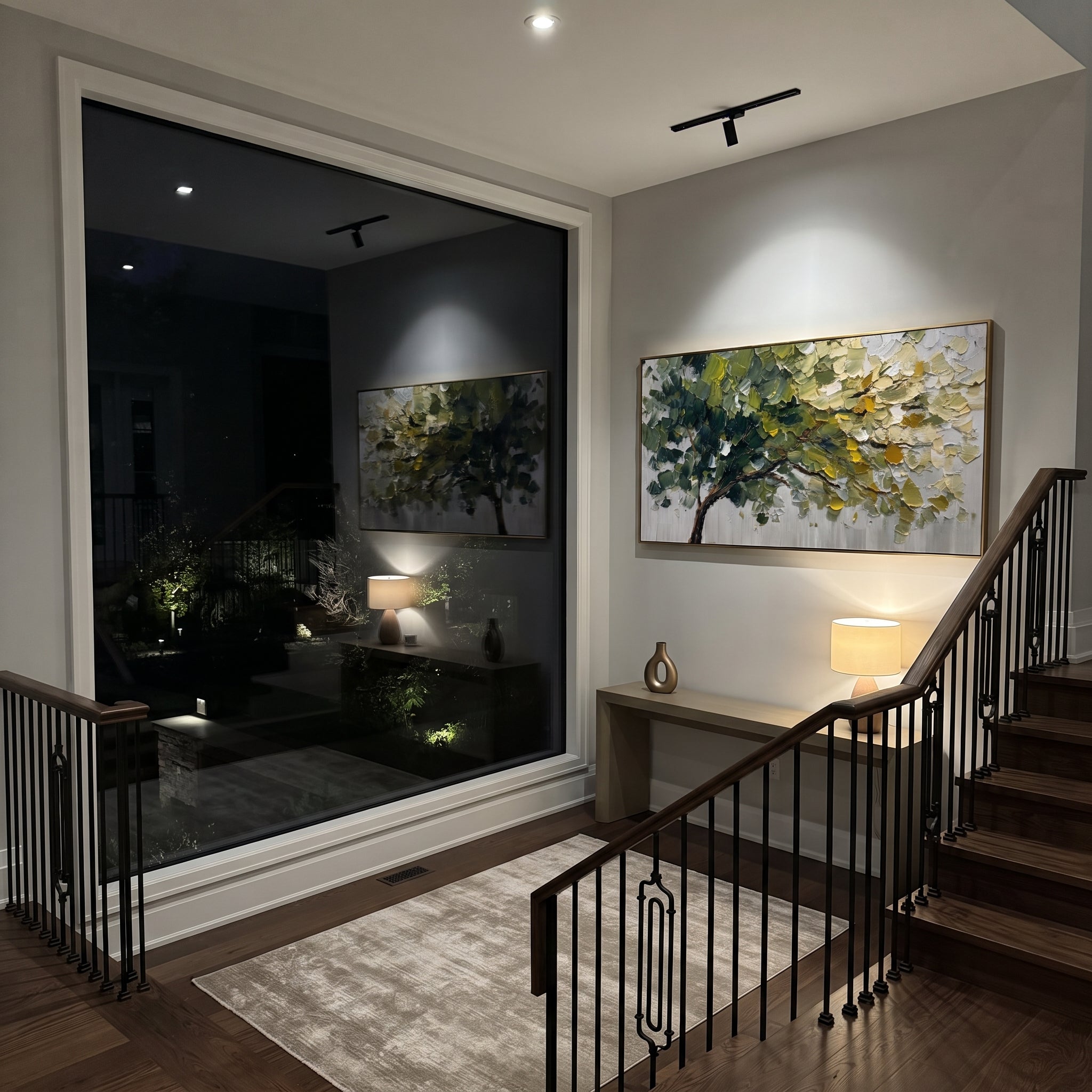 "Sloping Green Canopy Painting" focuses on atmosphere, surface movement, and sculptural heavy impasto craftsmanship rather than a fixed literal storyline. The composition uses this hand-painted panoramic canvas presents a sloping forest canopy with dark green branches sweeping across the composition, layered olive and yellow leaves, a pale grey ground, and thick palette-knife texture as the visual anchor, while layered palette-knife paint, raised plaster-like texture, and softened brush movement