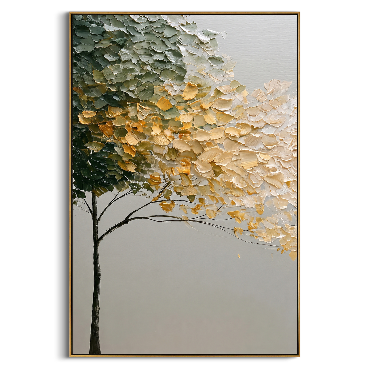 "Golden Cream Tree Canopy Painting" - Modern Heavy Impasto Abstract Artwork | Green & Golden Palette Knife Painting | Luxury Vertical Wall Art #PT 1398