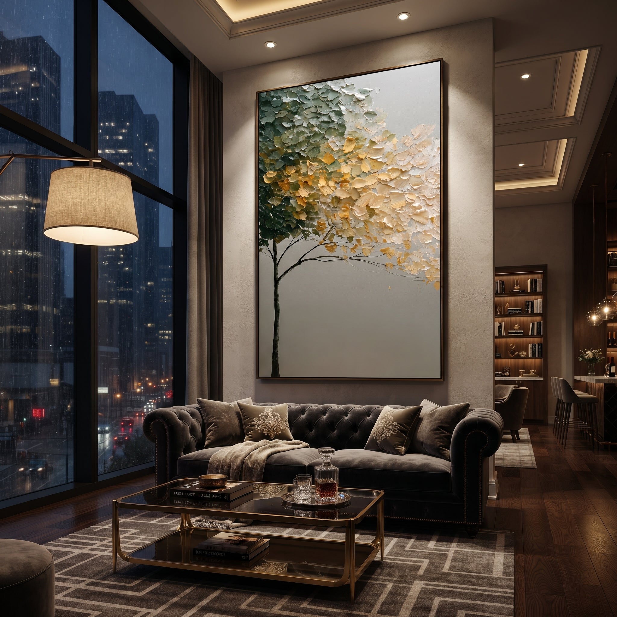 "Golden Cream Tree Canopy Painting" focuses on atmosphere, surface movement, and sculptural heavy impasto craftsmanship rather than a fixed literal storyline. The composition uses this hand-painted vertical canvas shows a slim dark tree trunk supporting a sweeping canopy of deep green, creamy white, and golden leaves, with raised impasto strokes over a calm neutral background as the visual anchor, while layered palette-knife paint, raised plaster-like texture, and softened brush movement create