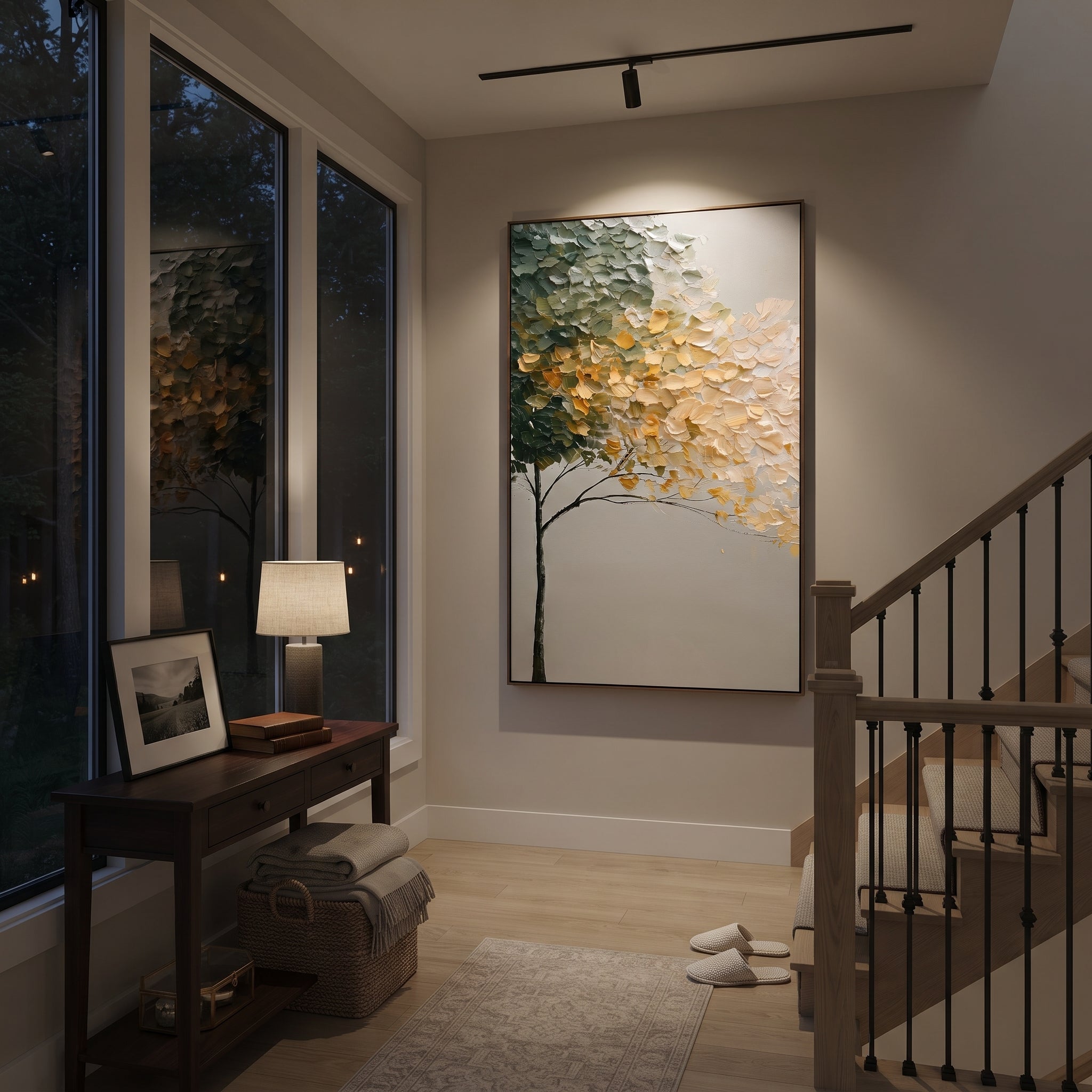 "Golden Cream Tree Canopy Painting" focuses on atmosphere, surface movement, and sculptural heavy impasto craftsmanship rather than a fixed literal storyline. The composition uses this hand-painted vertical canvas shows a slim dark tree trunk supporting a sweeping canopy of deep green, creamy white, and golden leaves, with raised impasto strokes over a calm neutral background as the visual anchor, while layered palette-knife paint, raised plaster-like texture, and softened brush movement create