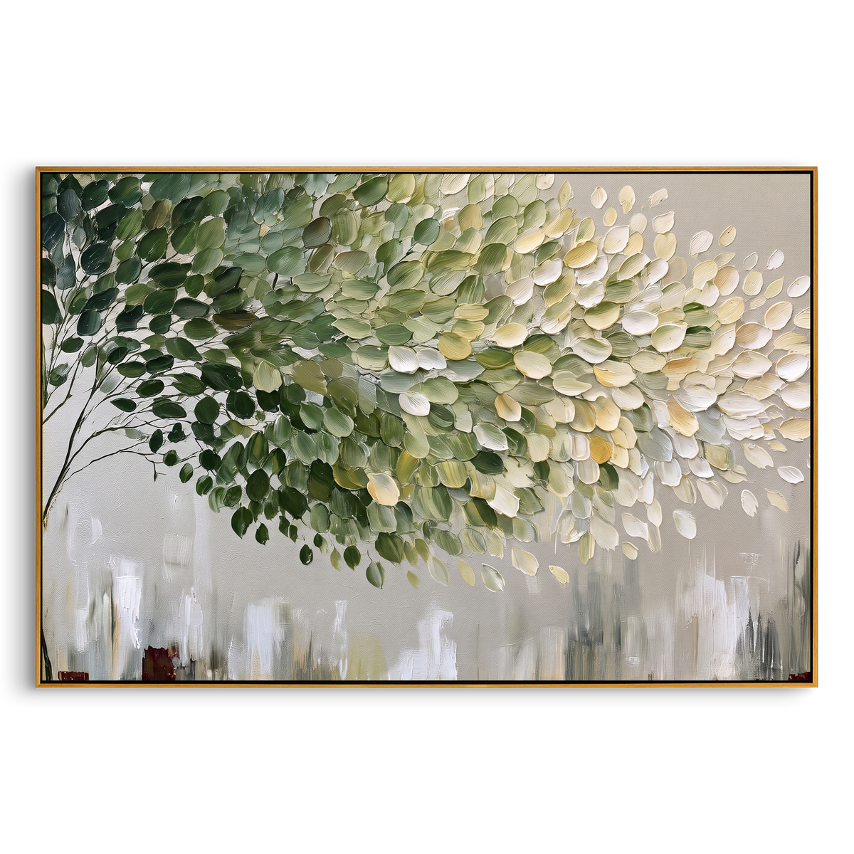 "Light Green Leaf Cluster Painting" - Modern Heavy Impasto Abstract Artwork | Sage Green & White Palette Knife Painting | Luxury Horizontal Wall Art #PT 1399