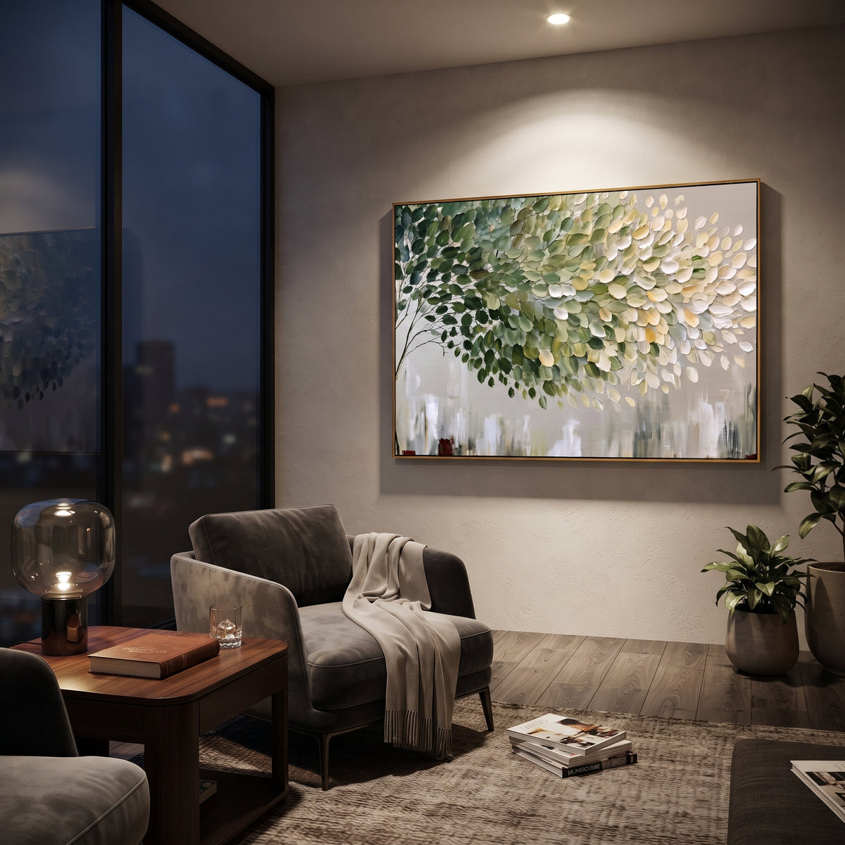 "Light Green Leaf Cluster Painting" focuses on atmosphere, surface movement, and sculptural heavy impasto craftsmanship rather than a fixed literal storyline. The composition uses this hand-painted horizontal canvas features a dense branch of rounded leaves, moving from dark green on the left to soft green, cream, and white on the right, with visible thick paint and a clean neutral lower field as the visual anchor, while layered palette-knife paint, raised plaster-like texture, and softened