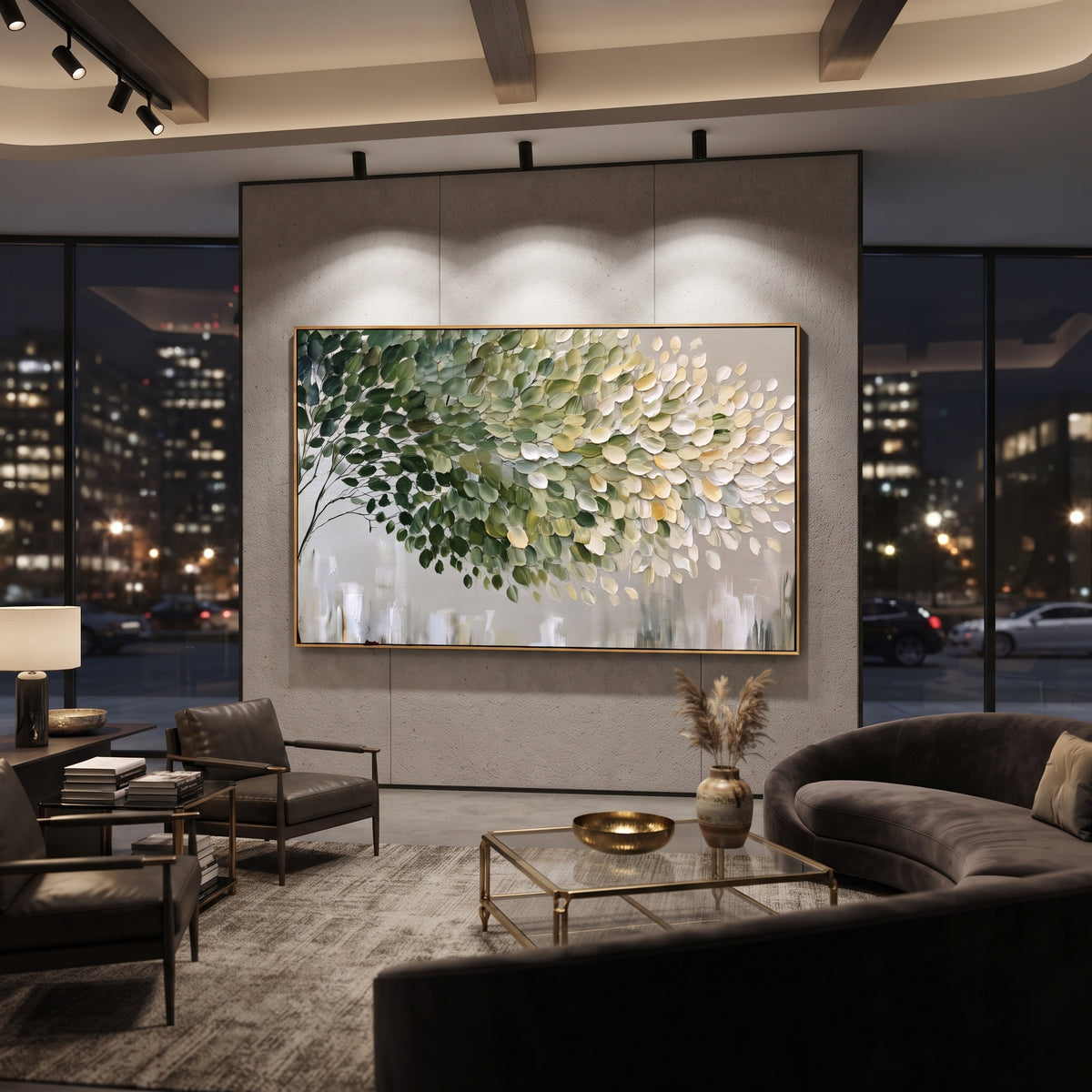 "Light Green Leaf Cluster Painting" focuses on atmosphere, surface movement, and sculptural heavy impasto craftsmanship rather than a fixed literal storyline. The composition uses this hand-painted horizontal canvas features a dense branch of rounded leaves, moving from dark green on the left to soft green, cream, and white on the right, with visible thick paint and a clean neutral lower field as the visual anchor, while layered palette-knife paint, raised plaster-like texture, and softened