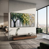 "Hanging Forest Canopy Painting" focuses on atmosphere, surface movement, and sculptural heavy impasto craftsmanship rather than a fixed literal storyline. The composition uses this hand-painted panoramic canvas presents a broad tree canopy with dark branching on the left, hanging green and white leaves on the right, soft grey background texture, and sculpted palette-knife foliage as the visual anchor, while layered palette-knife paint, raised plaster-like texture, and softened brush movement