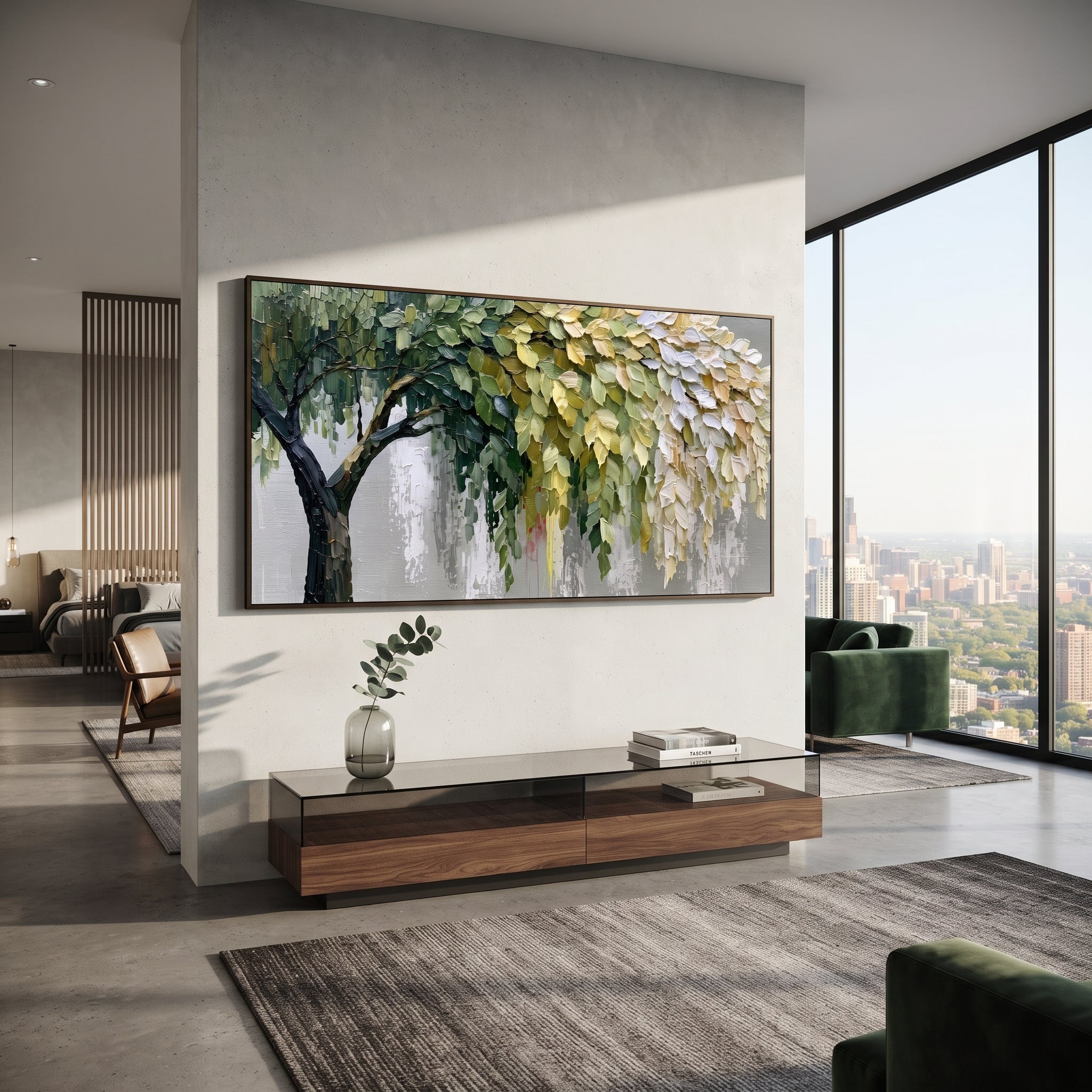 "Hanging Forest Canopy Painting" focuses on atmosphere, surface movement, and sculptural heavy impasto craftsmanship rather than a fixed literal storyline. The composition uses this hand-painted panoramic canvas presents a broad tree canopy with dark branching on the left, hanging green and white leaves on the right, soft grey background texture, and sculpted palette-knife foliage as the visual anchor, while layered palette-knife paint, raised plaster-like texture, and softened brush movement