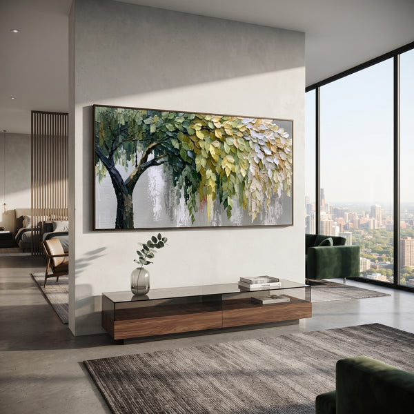 "Hanging Forest Canopy Painting" - Modern Heavy Impasto Abstract Artwork | Sage Green & White Palette Knife Painting | Luxury Horizontal Wall Art #PT 1400