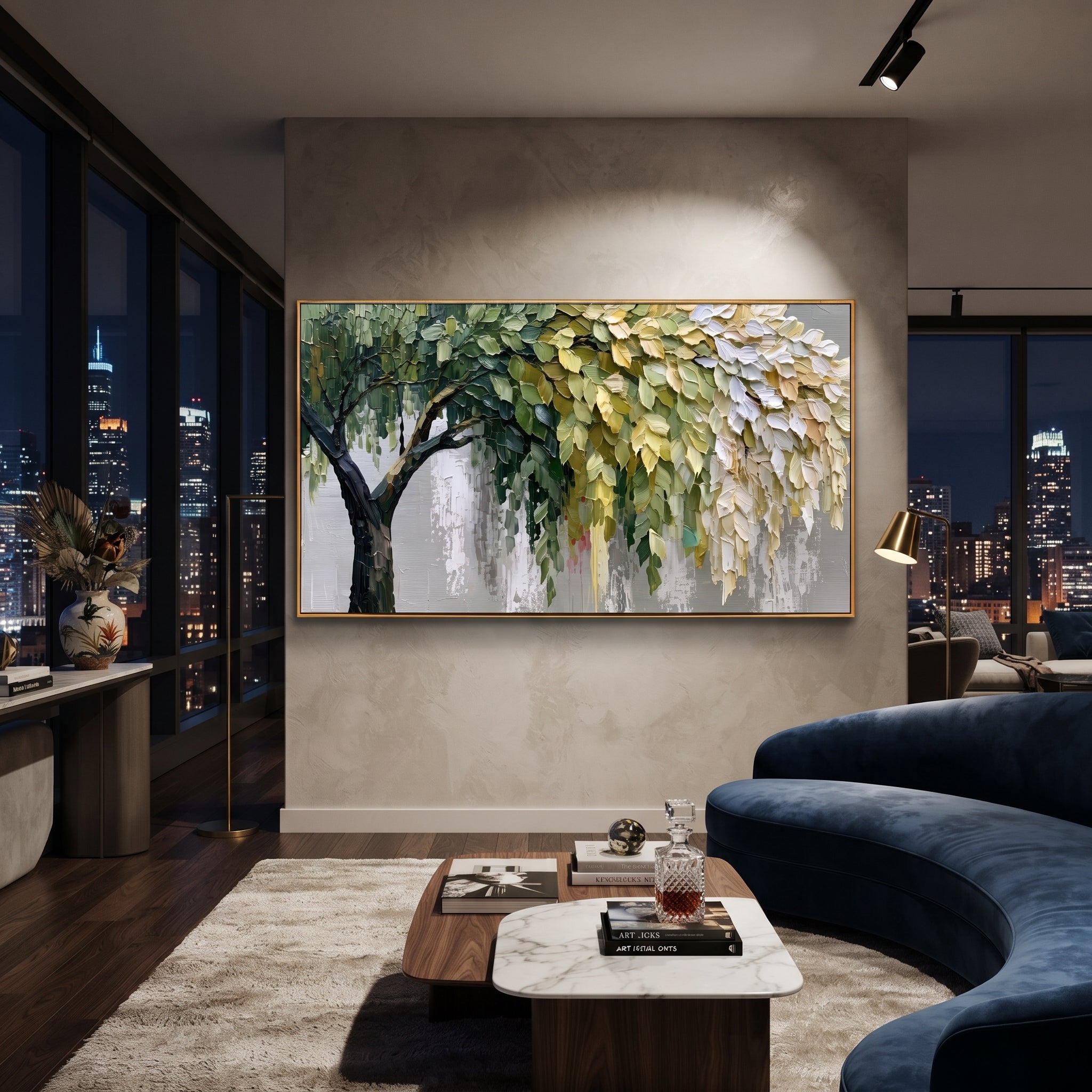 "Hanging Forest Canopy Painting" focuses on atmosphere, surface movement, and sculptural heavy impasto craftsmanship rather than a fixed literal storyline. The composition uses this hand-painted panoramic canvas presents a broad tree canopy with dark branching on the left, hanging green and white leaves on the right, soft grey background texture, and sculpted palette-knife foliage as the visual anchor, while layered palette-knife paint, raised plaster-like texture, and softened brush movement