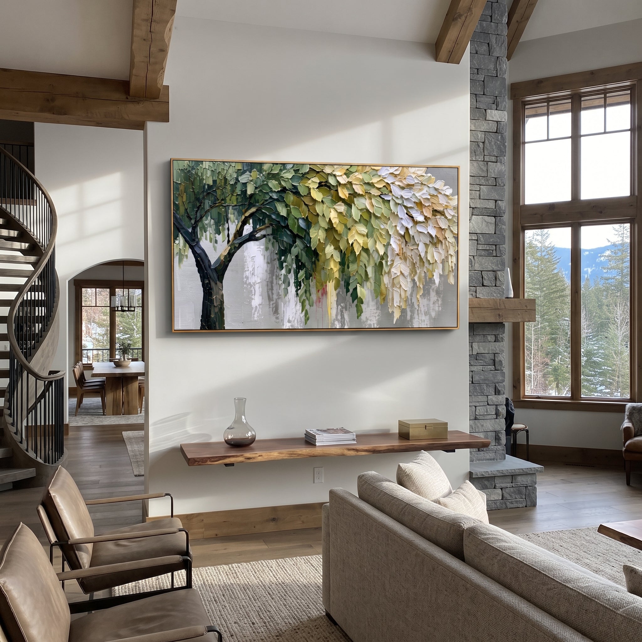 "Hanging Forest Canopy Painting" focuses on atmosphere, surface movement, and sculptural heavy impasto craftsmanship rather than a fixed literal storyline. The composition uses this hand-painted panoramic canvas presents a broad tree canopy with dark branching on the left, hanging green and white leaves on the right, soft grey background texture, and sculpted palette-knife foliage as the visual anchor, while layered palette-knife paint, raised plaster-like texture, and softened brush movement