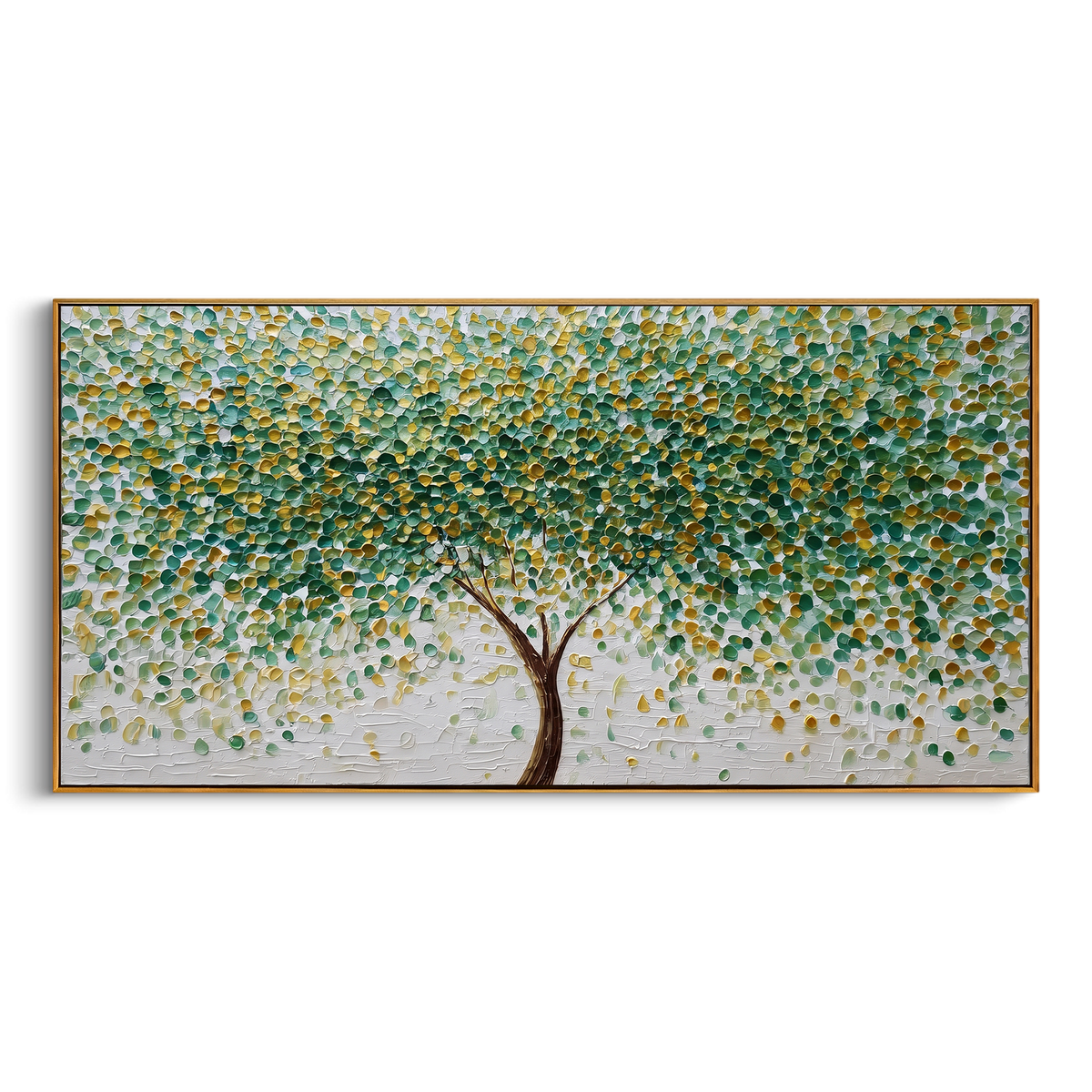"Round Leaf Tree Painting" - Modern Heavy Impasto Abstract Artwork | Sage Green & Golden Palette Knife Painting | Luxury Horizontal Wall Art #PT 1401