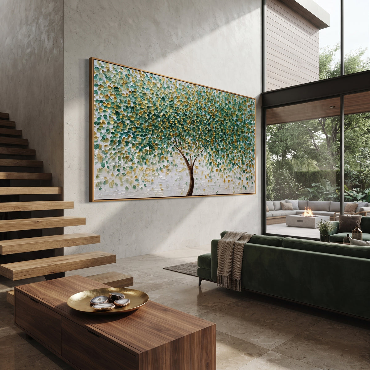 "Round Leaf Tree Painting" focuses on atmosphere, surface movement, and sculptural heavy impasto craftsmanship rather than a fixed literal storyline. The composition uses this hand-painted panoramic canvas shows a centered brown tree with hundreds of small round green and golden leaves, a bright white textured ground, and dot-like impasto marks that create a lively forest canopy effect as the visual anchor, while layered palette-knife paint, raised plaster-like texture, and softened brush