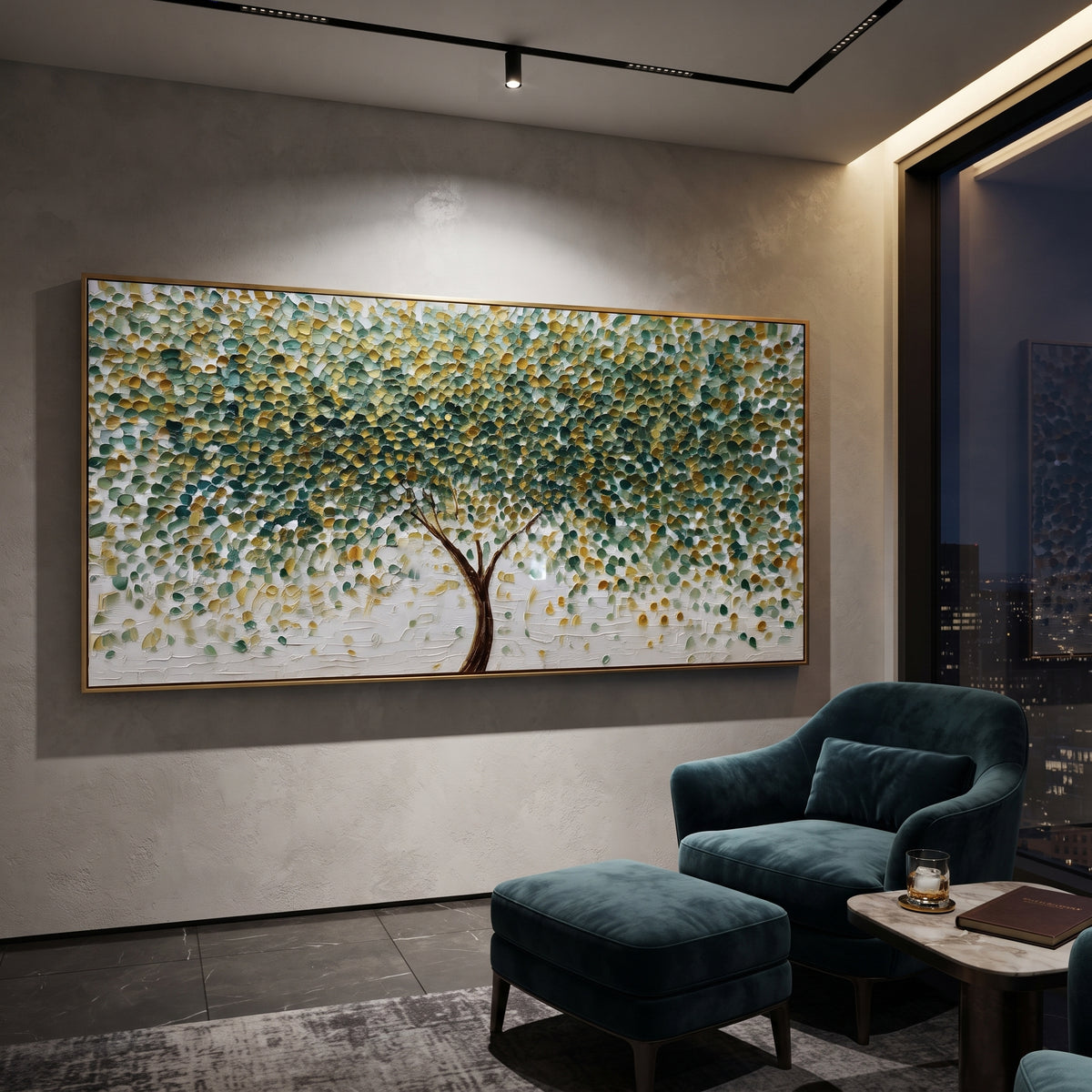 "Round Leaf Tree Painting" focuses on atmosphere, surface movement, and sculptural heavy impasto craftsmanship rather than a fixed literal storyline. The composition uses this hand-painted panoramic canvas shows a centered brown tree with hundreds of small round green and golden leaves, a bright white textured ground, and dot-like impasto marks that create a lively forest canopy effect as the visual anchor, while layered palette-knife paint, raised plaster-like texture, and softened brush