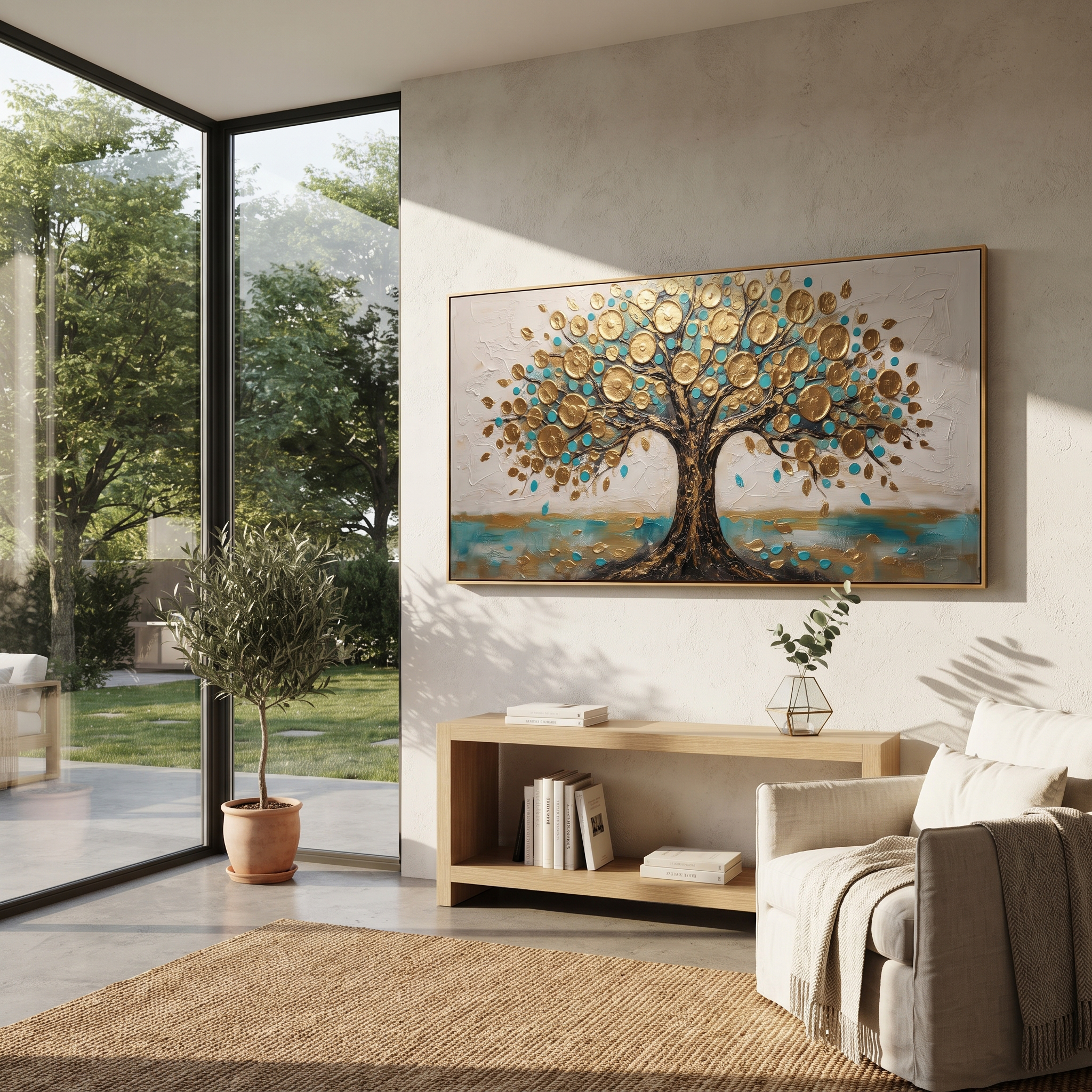 "Turquoise Gold Money Tree Painting" focuses on atmosphere, surface movement, and sculptural heavy impasto craftsmanship rather than a fixed literal storyline. The composition uses this hand-painted panoramic canvas presents a symbolic money tree with a textured dark trunk, raised metallic golden circles, turquoise accents, scattered gold leaves, and a white plaster-textured background as the visual anchor, while layered palette-knife paint, raised plaster-like texture, and softened brush