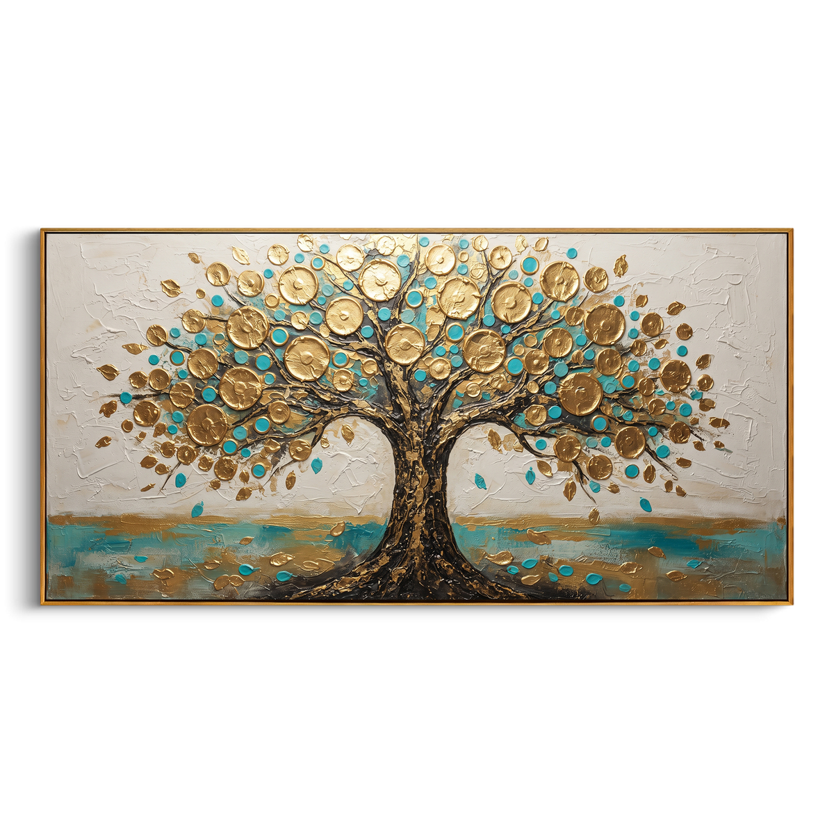 "Turquoise Gold Money Tree Painting" - Modern Heavy Impasto Abstract Artwork | Golden & Blue Palette Knife Painting | Luxury Horizontal Wall Art #PT 1402