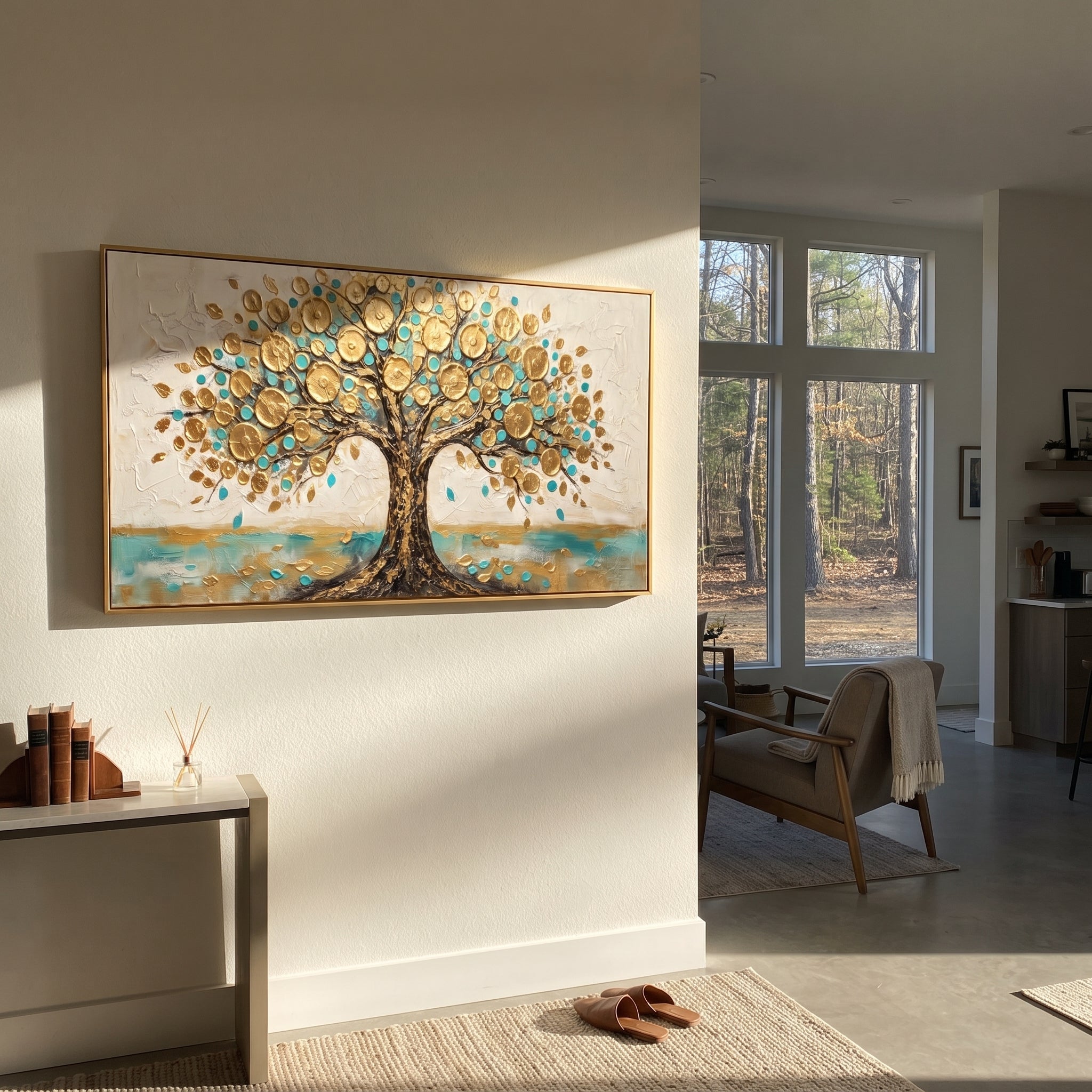 "Turquoise Gold Money Tree Painting" focuses on atmosphere, surface movement, and sculptural heavy impasto craftsmanship rather than a fixed literal storyline. The composition uses this hand-painted panoramic canvas presents a symbolic money tree with a textured dark trunk, raised metallic golden circles, turquoise accents, scattered gold leaves, and a white plaster-textured background as the visual anchor, while layered palette-knife paint, raised plaster-like texture, and softened brush