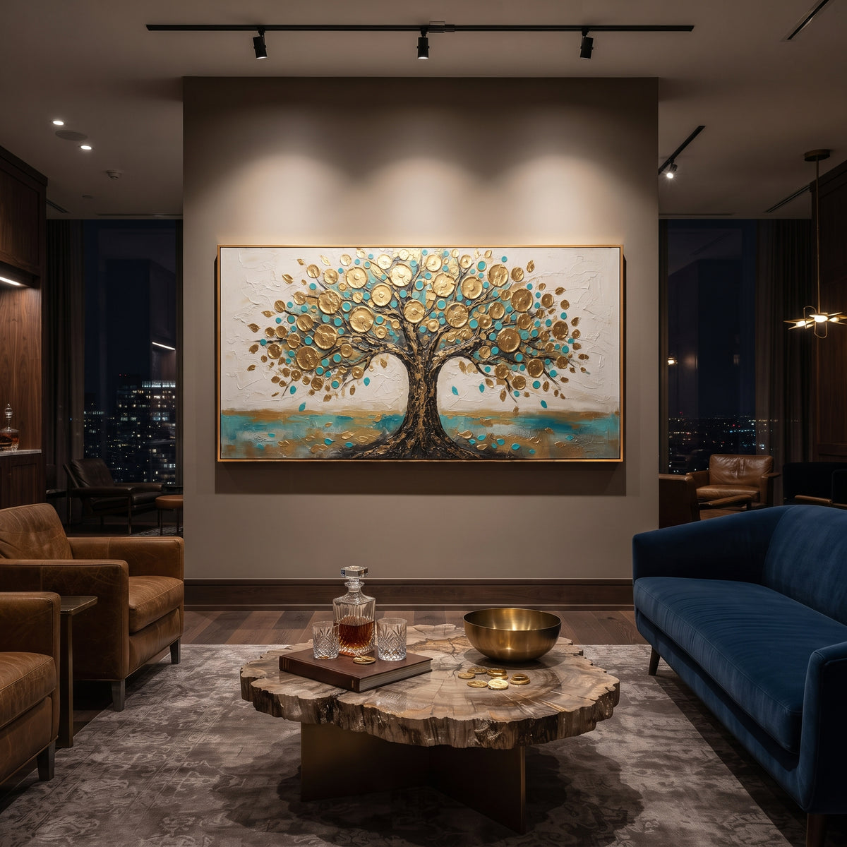 "Turquoise Gold Money Tree Painting" focuses on atmosphere, surface movement, and sculptural heavy impasto craftsmanship rather than a fixed literal storyline. The composition uses this hand-painted panoramic canvas presents a symbolic money tree with a textured dark trunk, raised metallic golden circles, turquoise accents, scattered gold leaves, and a white plaster-textured background as the visual anchor, while layered palette-knife paint, raised plaster-like texture, and softened brush