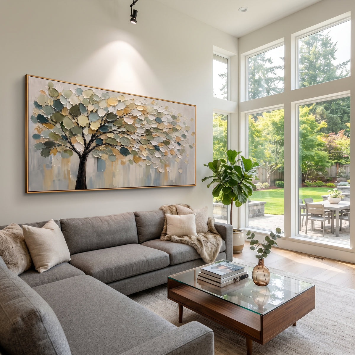 "Cream Gold Tree Canopy Painting" focuses on atmosphere, surface movement, and sculptural heavy impasto craftsmanship rather than a fixed literal storyline. The composition uses this hand-painted panoramic canvas features a soft tree canopy with deep green shadows, cream and golden leaves, fine black branches, a muted grey background, and thick raised palette-knife texture as the visual anchor, while layered palette-knife paint, raised plaster-like texture, and softened brush movement create