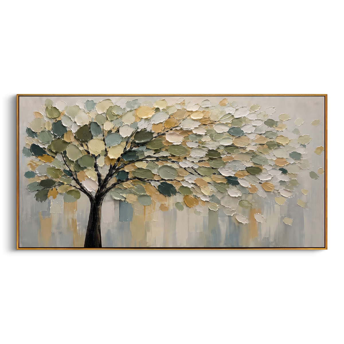 "Cream Gold Tree Canopy Painting" - Modern Heavy Impasto Abstract Artwork | Sage Green & Golden Palette Knife Painting | Luxury Horizontal Wall Art #PT 1403