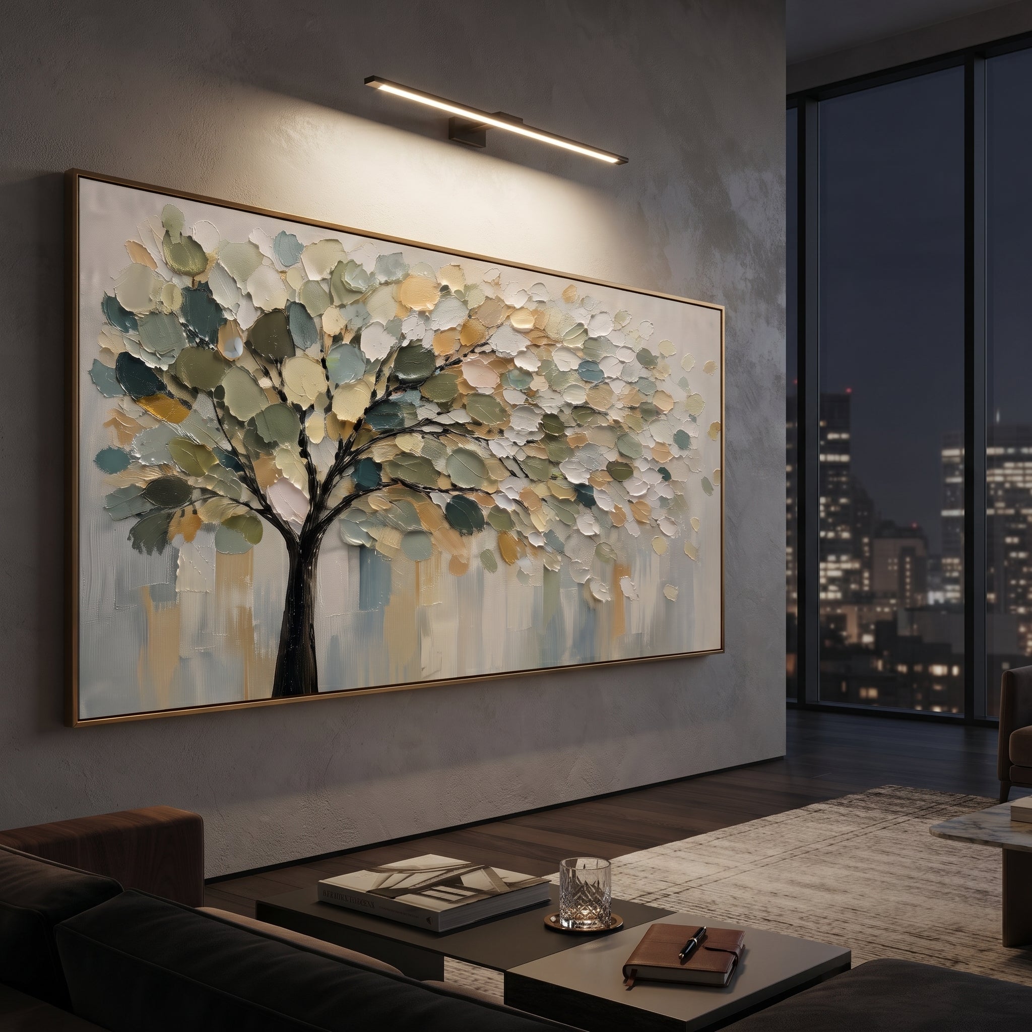 "Cream Gold Tree Canopy Painting" focuses on atmosphere, surface movement, and sculptural heavy impasto craftsmanship rather than a fixed literal storyline. The composition uses this hand-painted panoramic canvas features a soft tree canopy with deep green shadows, cream and golden leaves, fine black branches, a muted grey background, and thick raised palette-knife texture as the visual anchor, while layered palette-knife paint, raised plaster-like texture, and softened brush movement create