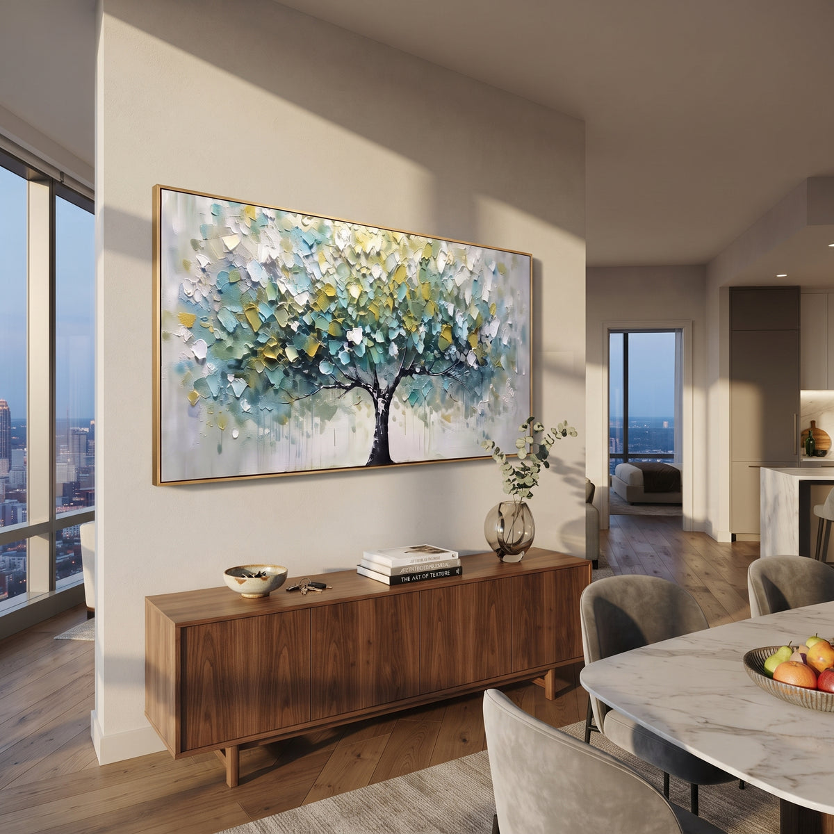 "Neutral Autumn Tree Painting" focuses on atmosphere, surface movement, and sculptural heavy impasto craftsmanship rather than a fixed literal storyline. The composition uses this hand-painted panoramic canvas shows a black-trunk tree with a wide canopy of muted sage, cream, white, and soft ochre leaves, set over a calm neutral background with heavy impasto texture as the visual anchor, while layered palette-knife paint, raised plaster-like texture, and softened brush movement create tactile