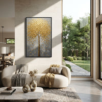 "Golden Vertical Birch Tree Painting" focuses on atmosphere, surface movement, and sculptural heavy impasto craftsmanship rather than a fixed literal storyline. The composition uses this hand-painted vertical canvas presents a tall birch-like tree with glowing golden foliage, white and grey bark, a cool grey background, and thick raised impasto leaves clustered through the upper branches as the visual anchor, while layered palette-knife paint, raised plaster-like texture, and softened brush