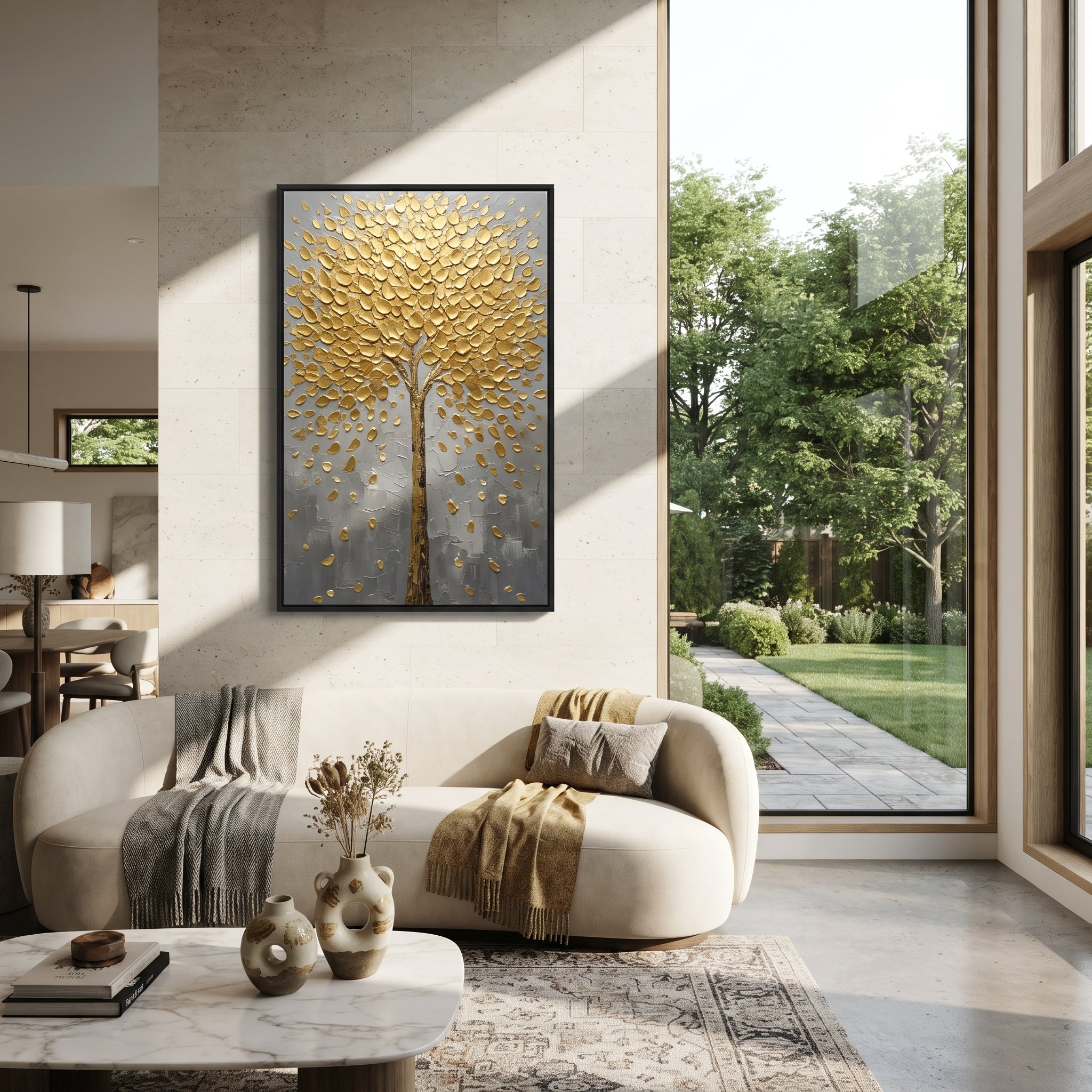 "Golden Vertical Birch Tree Painting" focuses on atmosphere, surface movement, and sculptural heavy impasto craftsmanship rather than a fixed literal storyline. The composition uses this hand-painted vertical canvas presents a tall birch-like tree with glowing golden foliage, white and grey bark, a cool grey background, and thick raised impasto leaves clustered through the upper branches as the visual anchor, while layered palette-knife paint, raised plaster-like texture, and softened brush