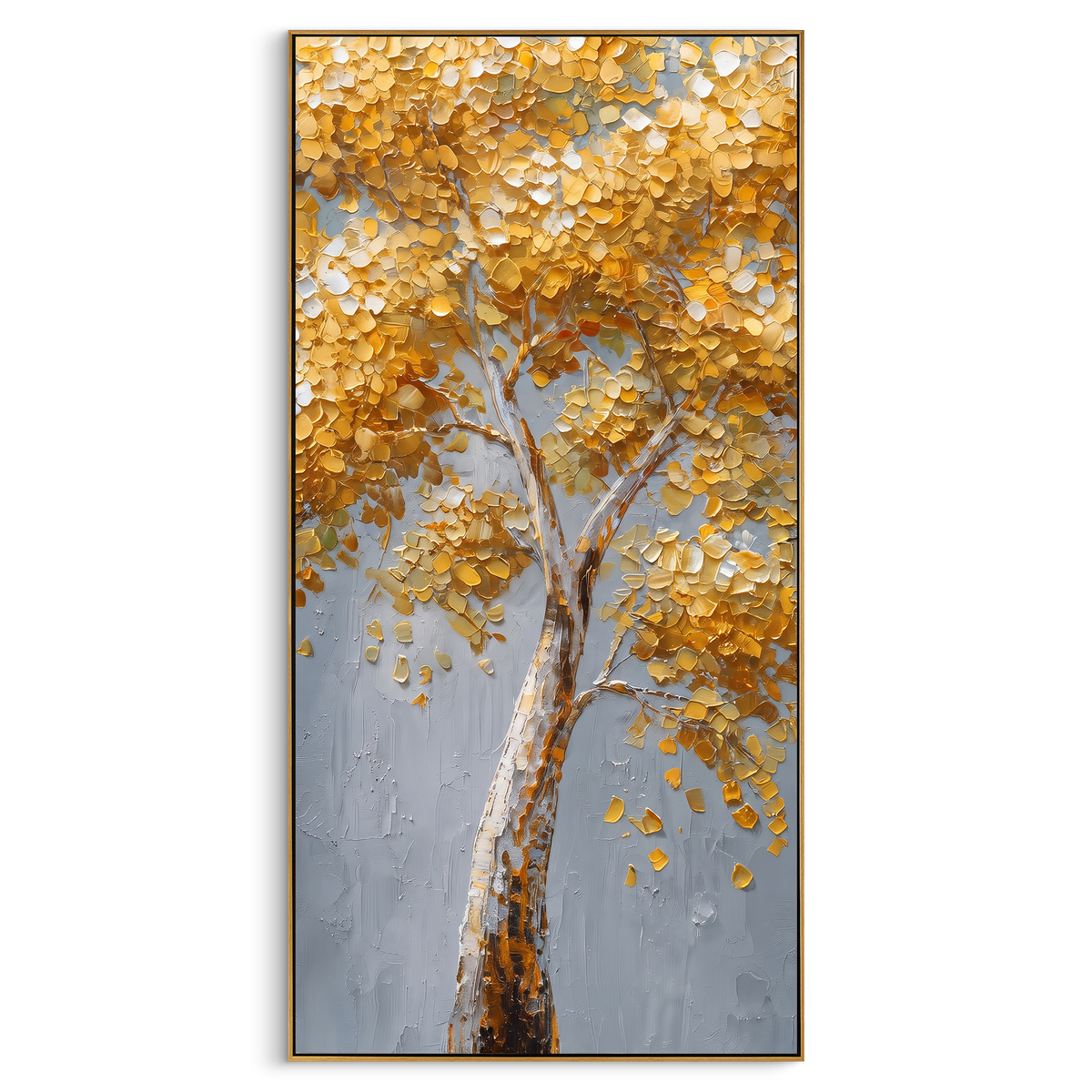 "Golden Vertical Birch Tree Painting" - Modern Heavy Impasto Abstract Artwork | Golden & White Palette Knife Painting | Luxury Wall Wall Art #PT 1405