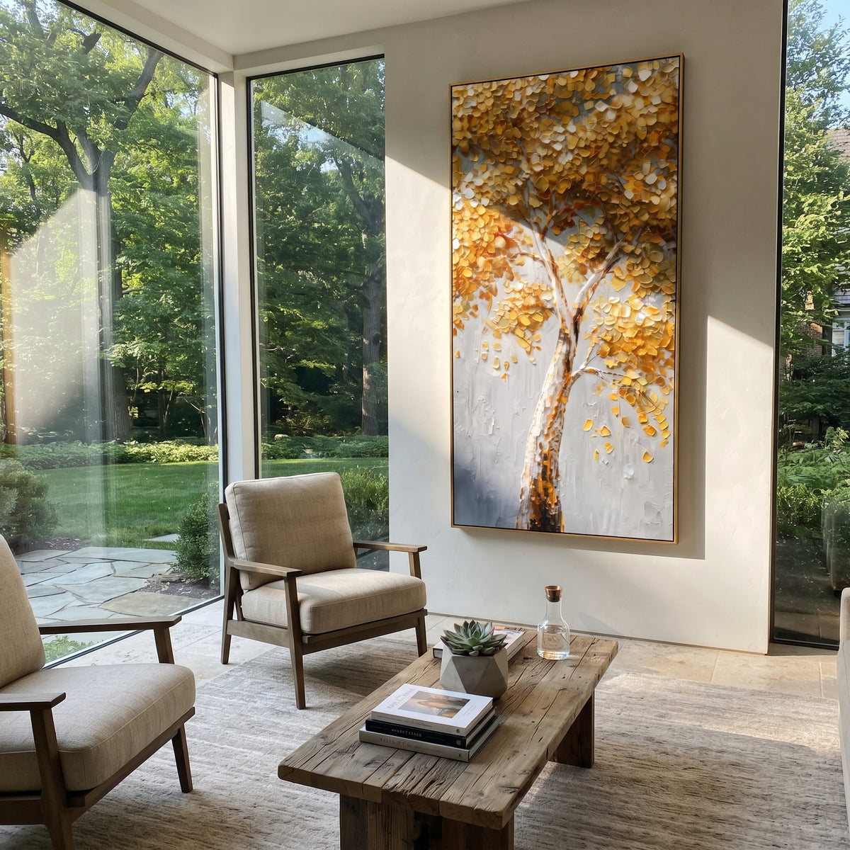 "Golden Vertical Birch Tree Painting" focuses on atmosphere, surface movement, and sculptural heavy impasto craftsmanship rather than a fixed literal storyline. The composition uses this hand-painted vertical canvas presents a tall birch-like tree with glowing golden foliage, white and grey bark, a cool grey background, and thick raised impasto leaves clustered through the upper branches as the visual anchor, while layered palette-knife paint, raised plaster-like texture, and softened brush