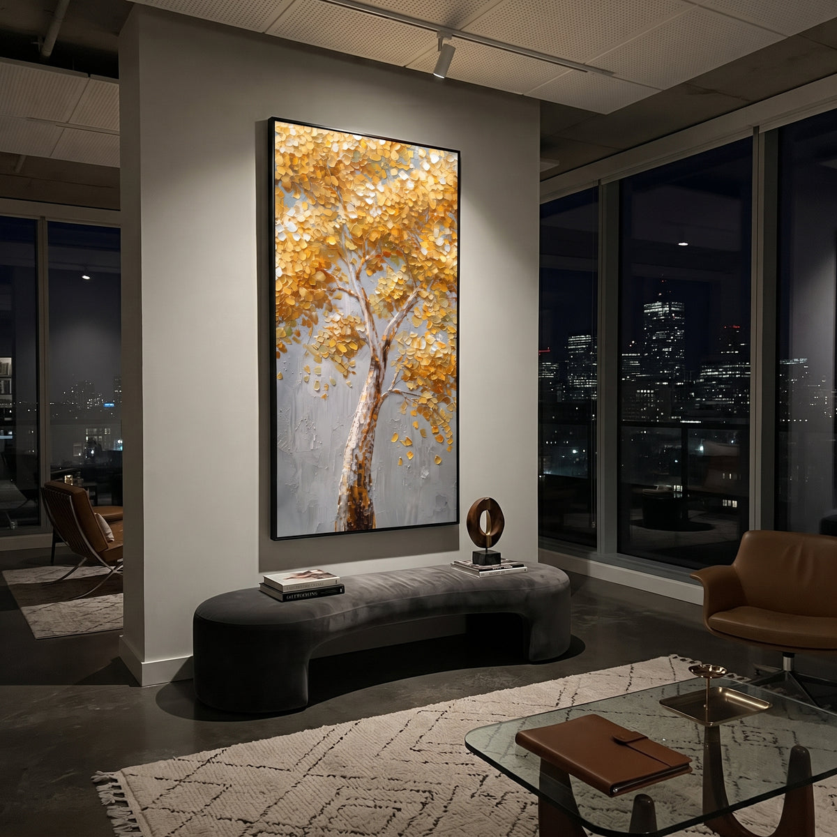 "Golden Vertical Birch Tree Painting" focuses on atmosphere, surface movement, and sculptural heavy impasto craftsmanship rather than a fixed literal storyline. The composition uses this hand-painted vertical canvas presents a tall birch-like tree with glowing golden foliage, white and grey bark, a cool grey background, and thick raised impasto leaves clustered through the upper branches as the visual anchor, while layered palette-knife paint, raised plaster-like texture, and softened brush