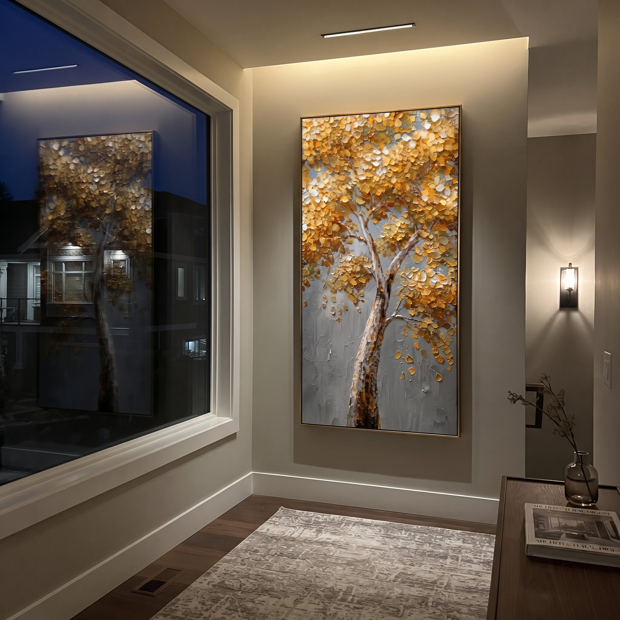 "Golden Vertical Birch Tree Painting" focuses on atmosphere, surface movement, and sculptural heavy impasto craftsmanship rather than a fixed literal storyline. The composition uses this hand-painted vertical canvas presents a tall birch-like tree with glowing golden foliage, white and grey bark, a cool grey background, and thick raised impasto leaves clustered through the upper branches as the visual anchor, while layered palette-knife paint, raised plaster-like texture, and softened brush
