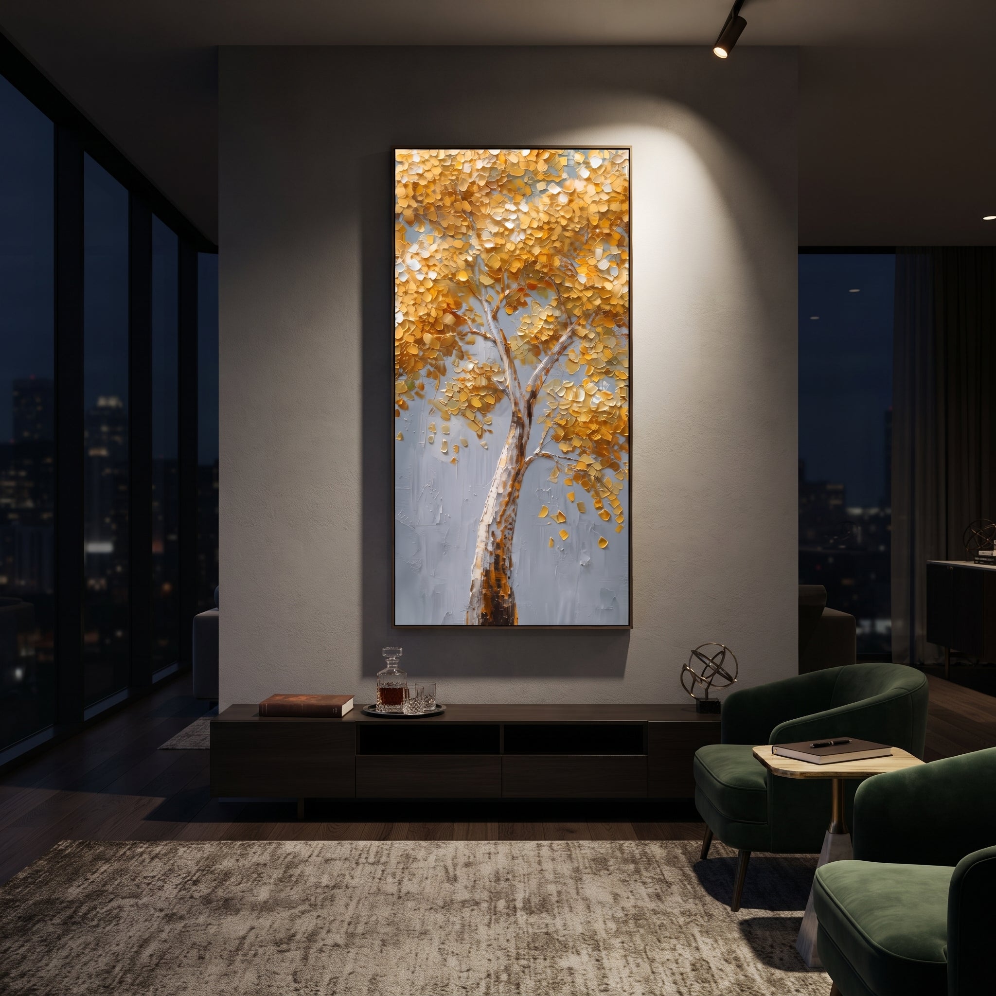 "Golden Vertical Birch Tree Painting" focuses on atmosphere, surface movement, and sculptural heavy impasto craftsmanship rather than a fixed literal storyline. The composition uses this hand-painted vertical canvas presents a tall birch-like tree with glowing golden foliage, white and grey bark, a cool grey background, and thick raised impasto leaves clustered through the upper branches as the visual anchor, while layered palette-knife paint, raised plaster-like texture, and softened brush