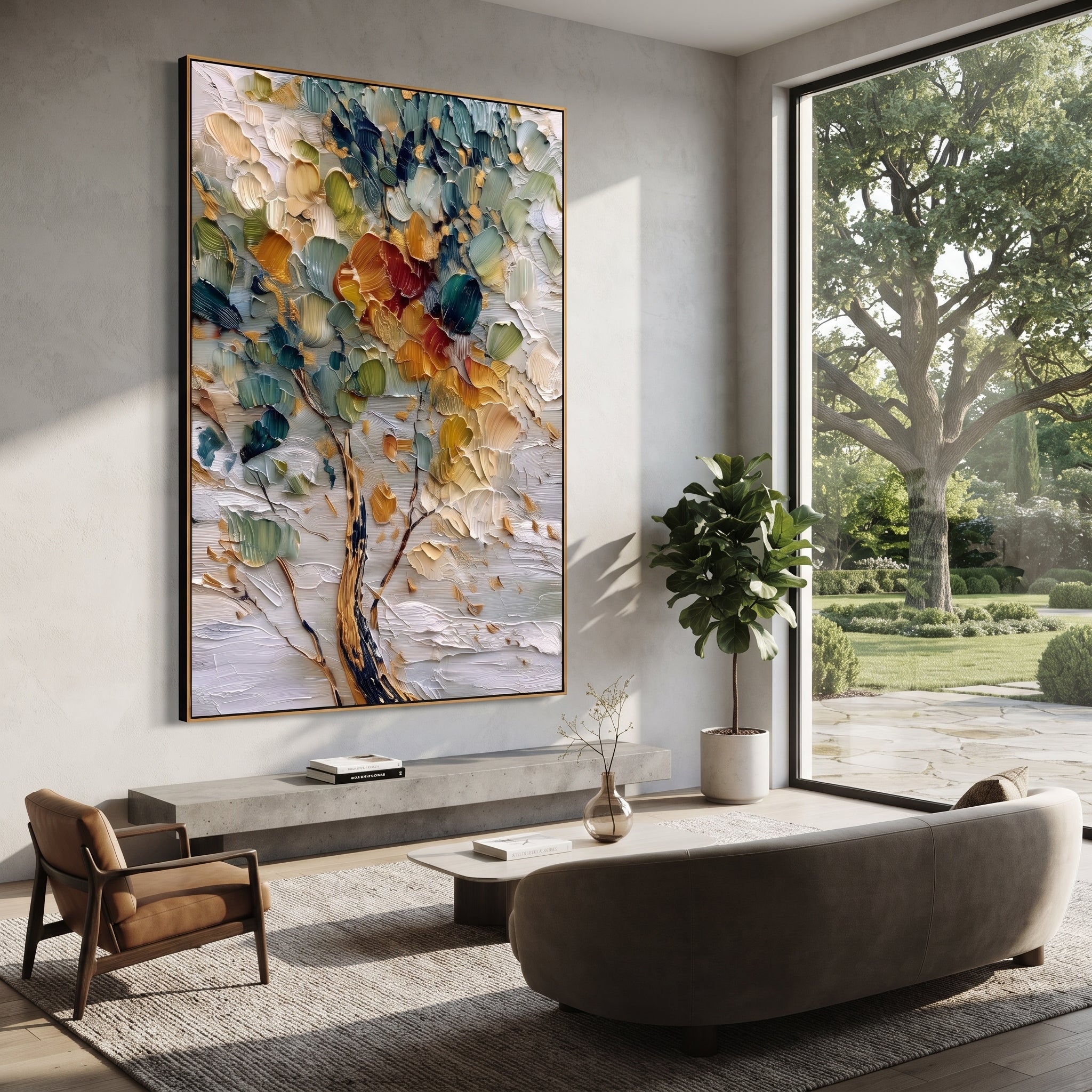 "Colorful Abstract Tree Painting" focuses on atmosphere, surface movement, and sculptural heavy impasto craftsmanship rather than a fixed literal storyline. The composition uses this hand-painted vertical canvas features a close-up abstract tree with layered teal, green, cream, golden, and red-orange leaves, dark branch lines, and a heavily textured palette-knife surface as the visual anchor, while layered palette-knife paint, raised plaster-like texture, and softened brush movement create