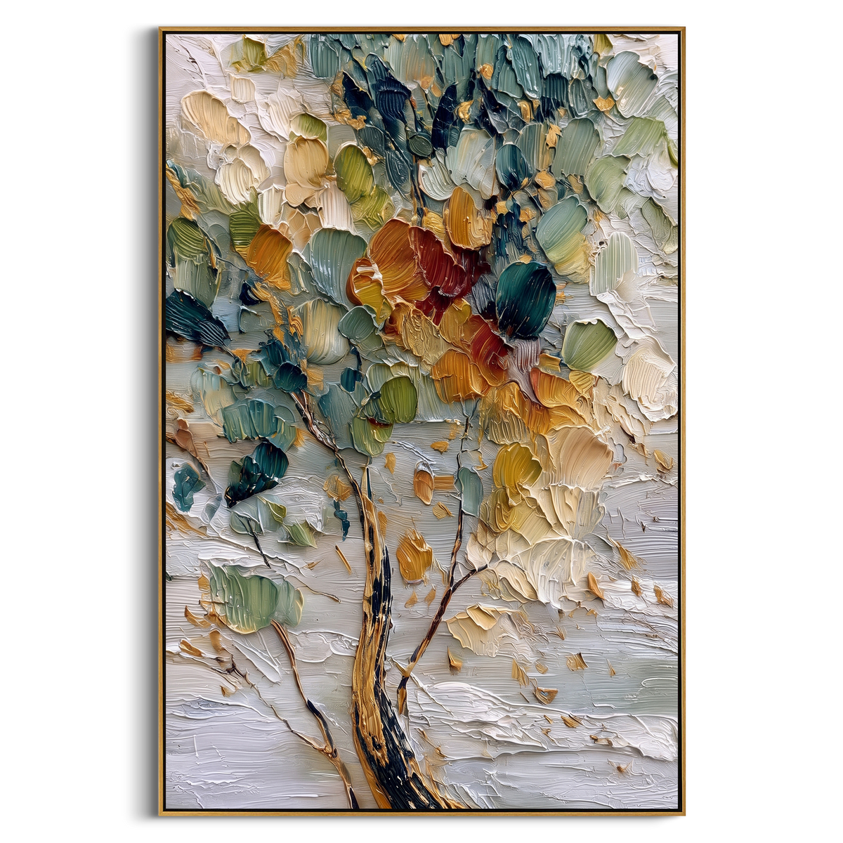 "Colorful Abstract Tree Painting" - Modern Heavy Impasto Geometric Abstract | Gold & Orange Palette Knife Painting | Luxury Vertical Wall Art #PT 1406