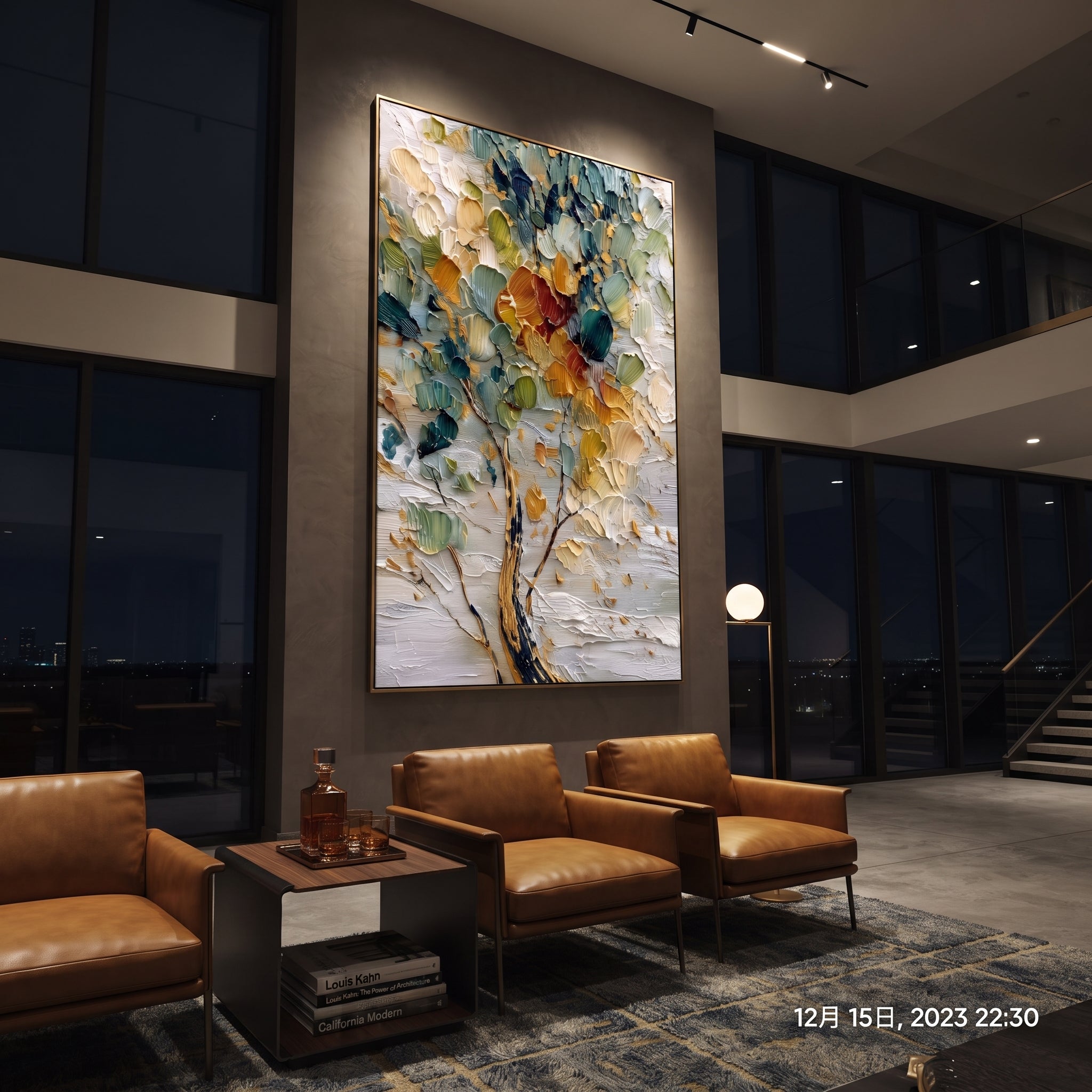 "Colorful Abstract Tree Painting" focuses on atmosphere, surface movement, and sculptural heavy impasto craftsmanship rather than a fixed literal storyline. The composition uses this hand-painted vertical canvas features a close-up abstract tree with layered teal, green, cream, golden, and red-orange leaves, dark branch lines, and a heavily textured palette-knife surface as the visual anchor, while layered palette-knife paint, raised plaster-like texture, and softened brush movement create