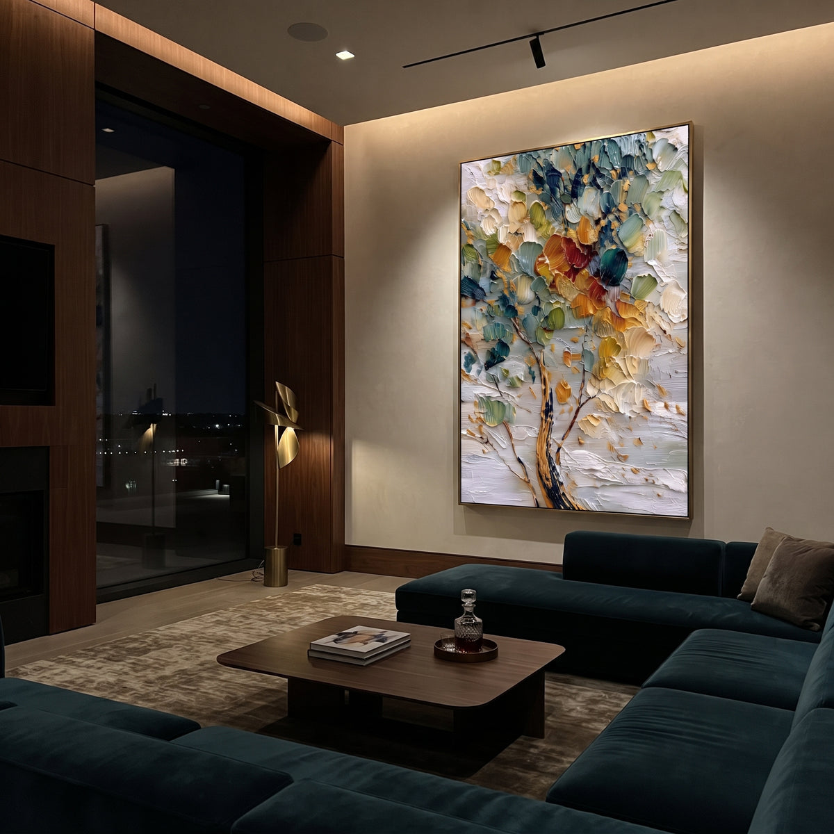 "Colorful Abstract Tree Painting" focuses on atmosphere, surface movement, and sculptural heavy impasto craftsmanship rather than a fixed literal storyline. The composition uses this hand-painted vertical canvas features a close-up abstract tree with layered teal, green, cream, golden, and red-orange leaves, dark branch lines, and a heavily textured palette-knife surface as the visual anchor, while layered palette-knife paint, raised plaster-like texture, and softened brush movement create