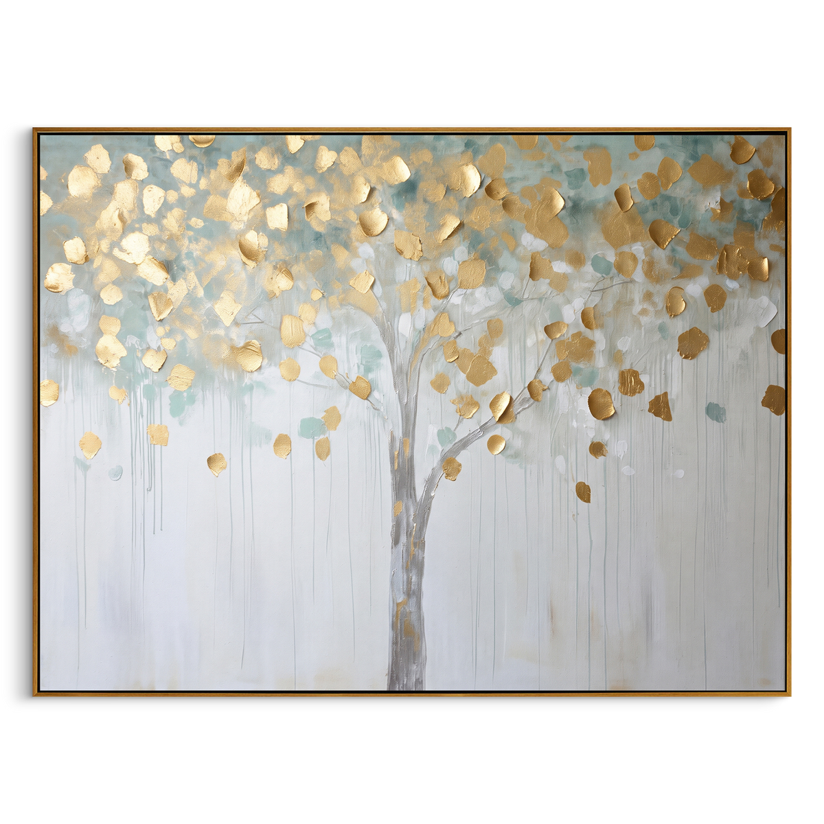 "Pale Gold Tree Painting" focuses on atmosphere, surface movement, and sculptural heavy impasto craftsmanship rather than a fixed literal storyline. The composition uses this hand-painted horizontal canvas presents a pale horizontal tree with scattered metallic golden leaves, a slim grey trunk, light blue-green haze, and soft white dripping texture, with visible raised palette-knife paint and handmade surface depth as the visual anchor, while layered palette-knife paint, raised plaster-like
