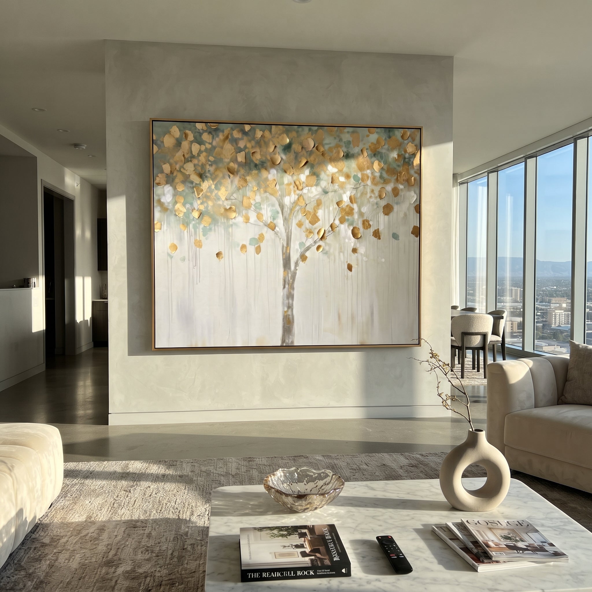 "Pale Gold Tree Painting" focuses on atmosphere, surface movement, and sculptural heavy impasto craftsmanship rather than a fixed literal storyline. The composition uses this hand-painted horizontal canvas presents a pale horizontal tree with scattered metallic golden leaves, a slim grey trunk, light blue-green haze, and soft white dripping texture, with visible raised palette-knife paint and handmade surface depth as the visual anchor, while layered palette-knife paint, raised plaster-like