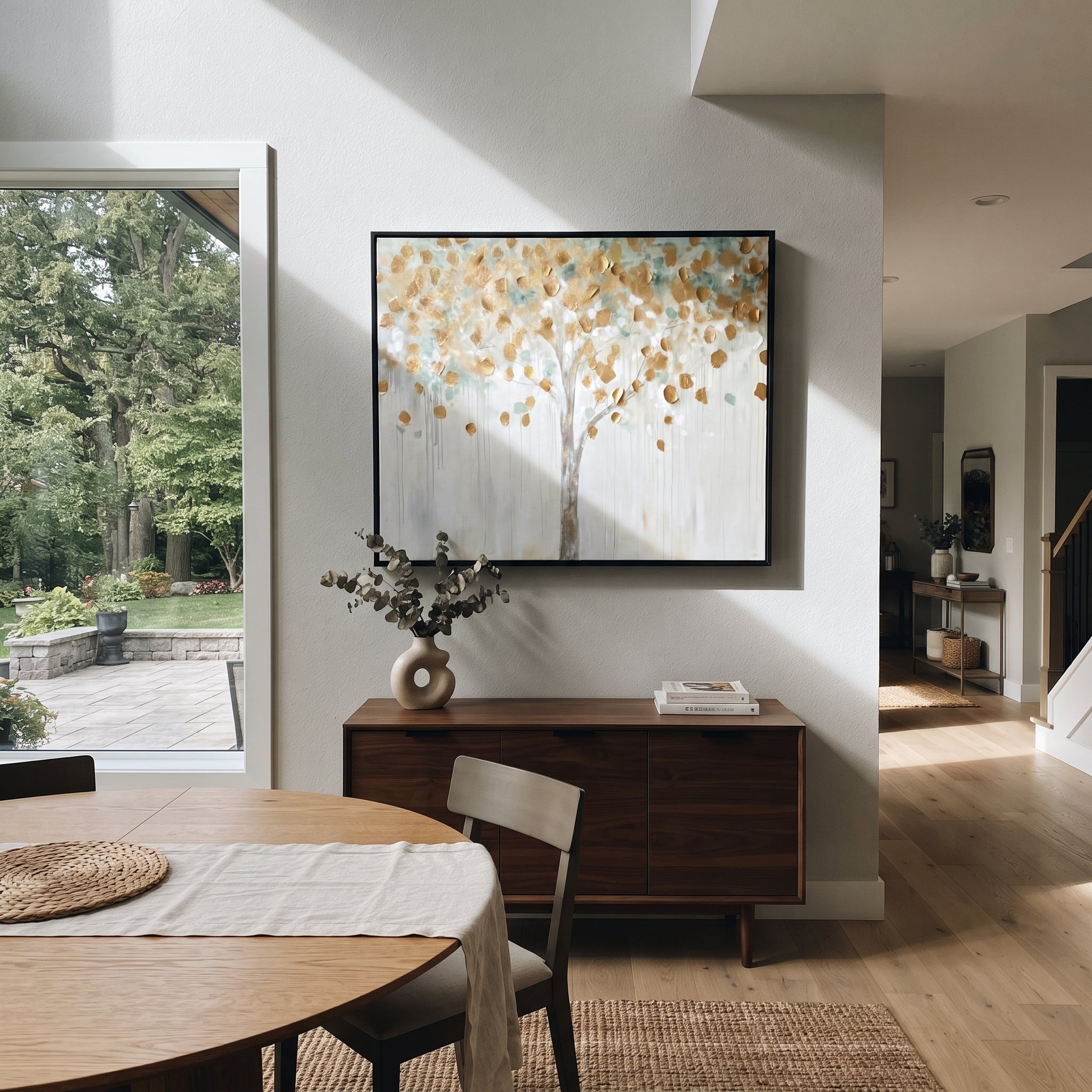 "Pale Gold Tree Painting" focuses on atmosphere, surface movement, and sculptural heavy impasto craftsmanship rather than a fixed literal storyline. The composition uses this hand-painted horizontal canvas presents a pale horizontal tree with scattered metallic golden leaves, a slim grey trunk, light blue-green haze, and soft white dripping texture, with visible raised palette-knife paint and handmade surface depth as the visual anchor, while layered palette-knife paint, raised plaster-like