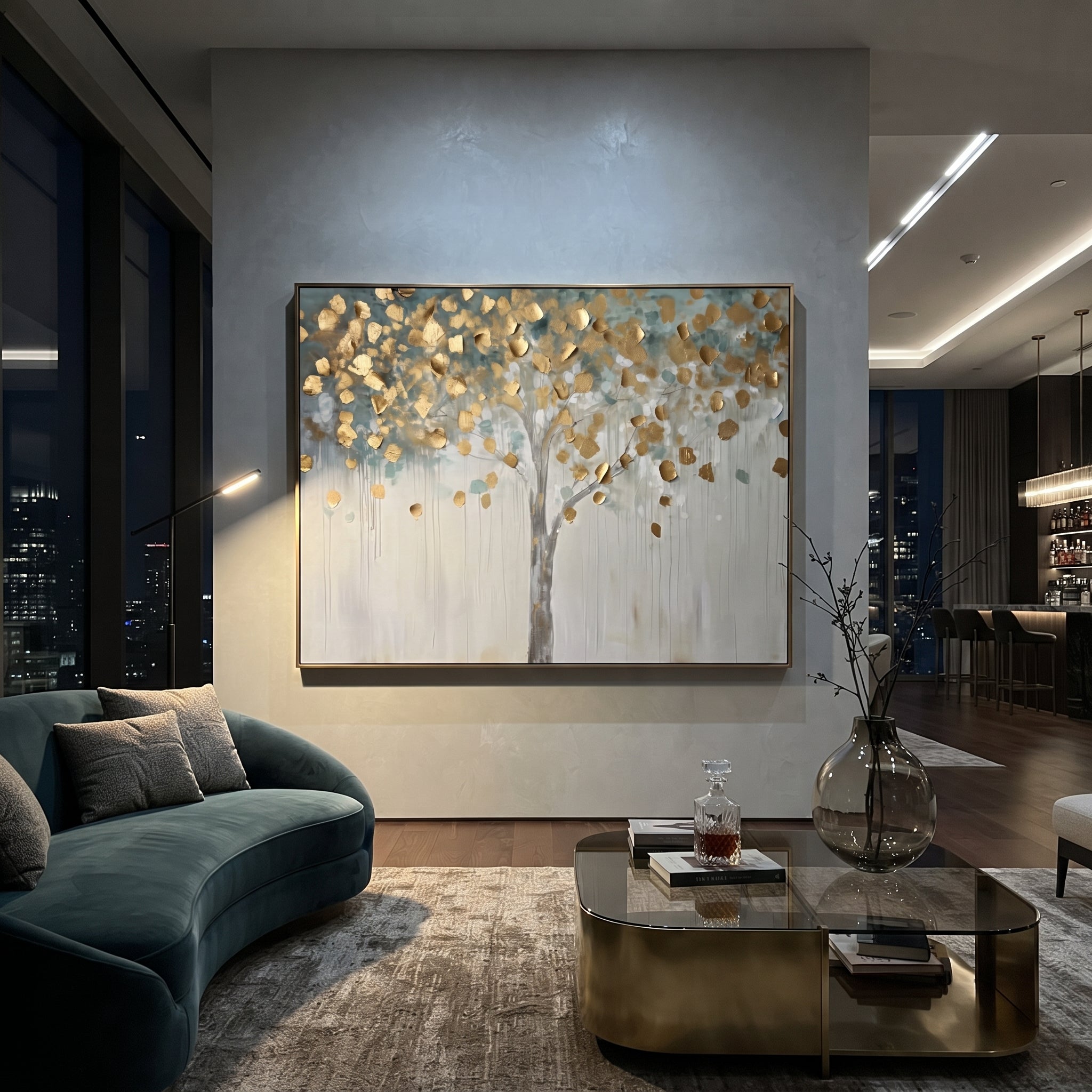 "Pale Gold Tree Painting" focuses on atmosphere, surface movement, and sculptural heavy impasto craftsmanship rather than a fixed literal storyline. The composition uses this hand-painted horizontal canvas presents a pale horizontal tree with scattered metallic golden leaves, a slim grey trunk, light blue-green haze, and soft white dripping texture, with visible raised palette-knife paint and handmade surface depth as the visual anchor, while layered palette-knife paint, raised plaster-like