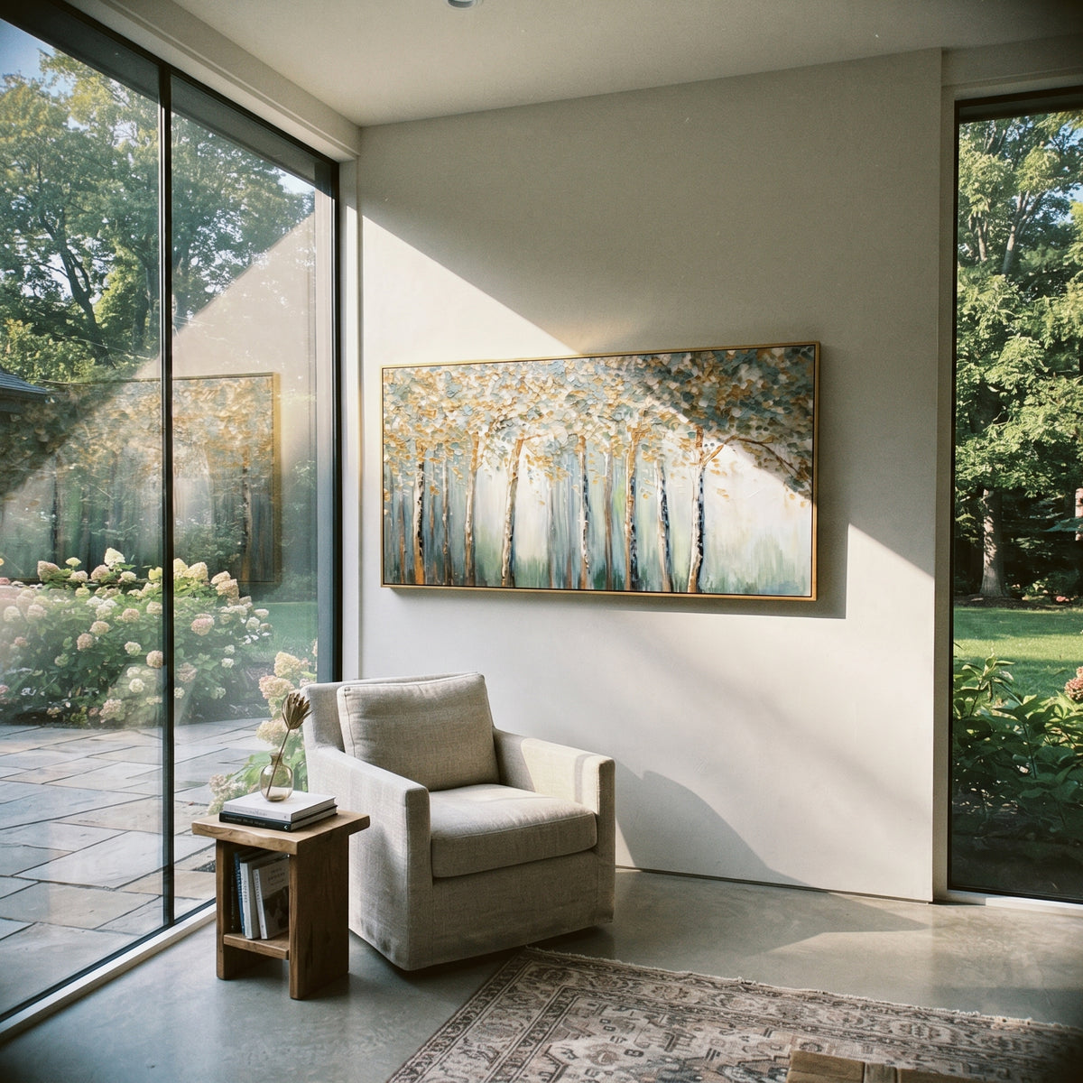 "Blue Gold Birch Forest Painting" focuses on atmosphere, surface movement, and sculptural heavy impasto craftsmanship rather than a fixed literal storyline. The composition uses this hand-painted panoramic canvas presents a panoramic birch forest with slender trunks, blue-green mist, white canopy texture, and warm golden leaf accents, with visible raised palette-knife paint and handmade surface depth as the visual anchor, while layered palette-knife paint, raised plaster-like texture, and
