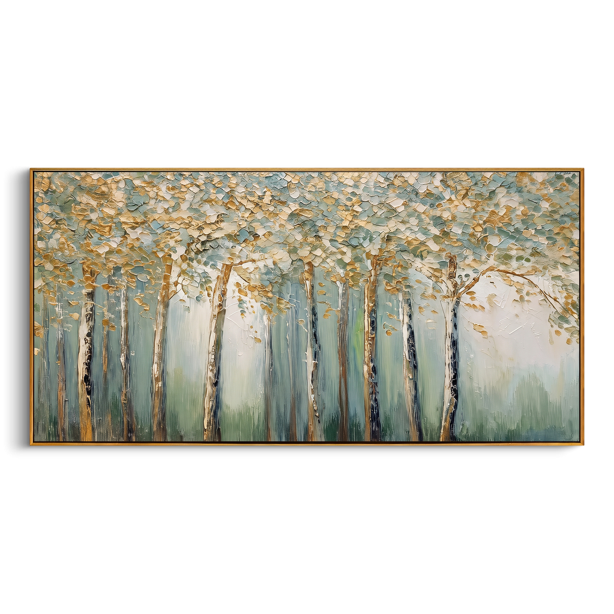 "Blue Gold Birch Forest Painting" - Modern Heavy Impasto Abstract Artwork | Blue & Golden Palette Knife Painting | Luxury Horizontal Wall Art #PT 1408