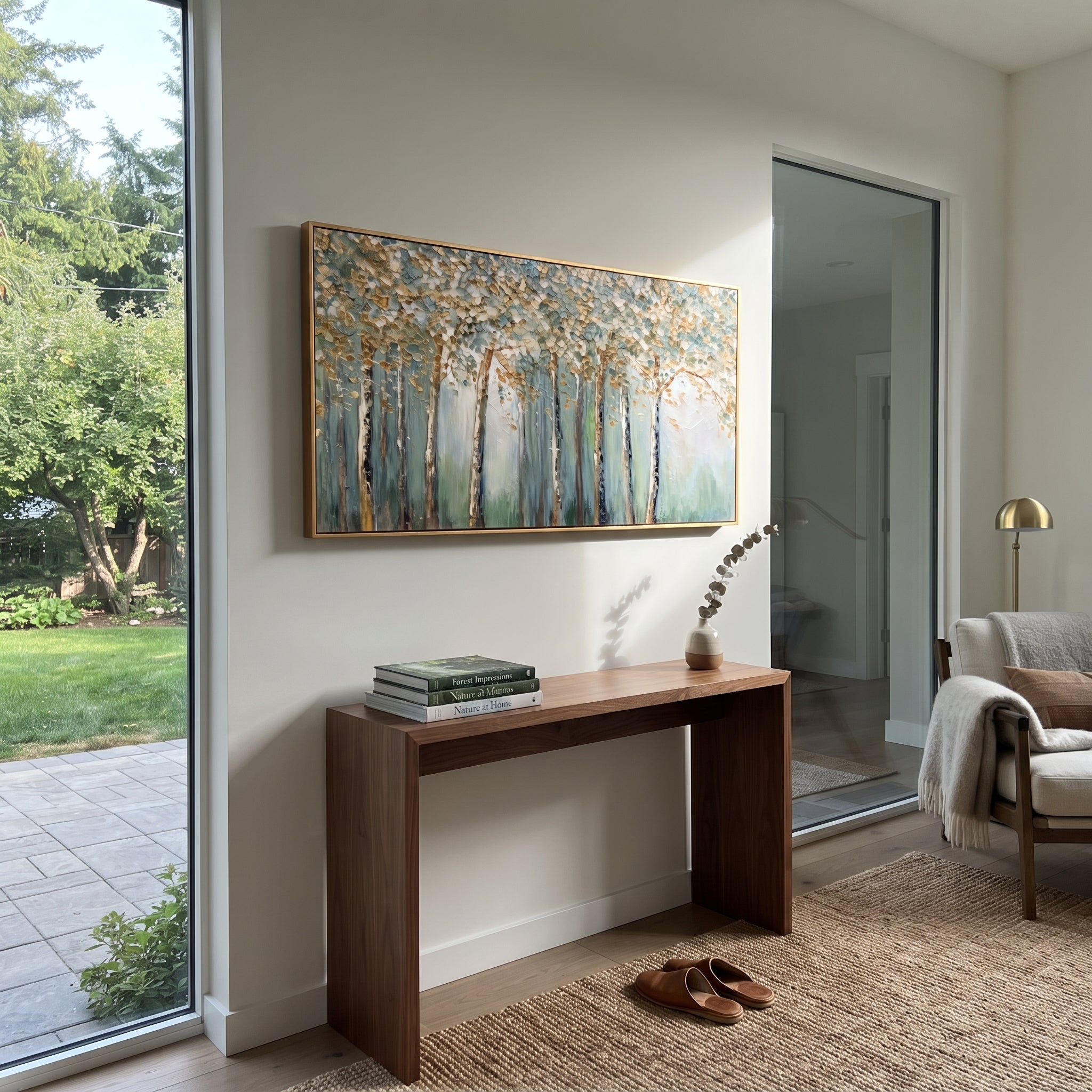 "Blue Gold Birch Forest Painting" focuses on atmosphere, surface movement, and sculptural heavy impasto craftsmanship rather than a fixed literal storyline. The composition uses this hand-painted panoramic canvas presents a panoramic birch forest with slender trunks, blue-green mist, white canopy texture, and warm golden leaf accents, with visible raised palette-knife paint and handmade surface depth as the visual anchor, while layered palette-knife paint, raised plaster-like texture, and