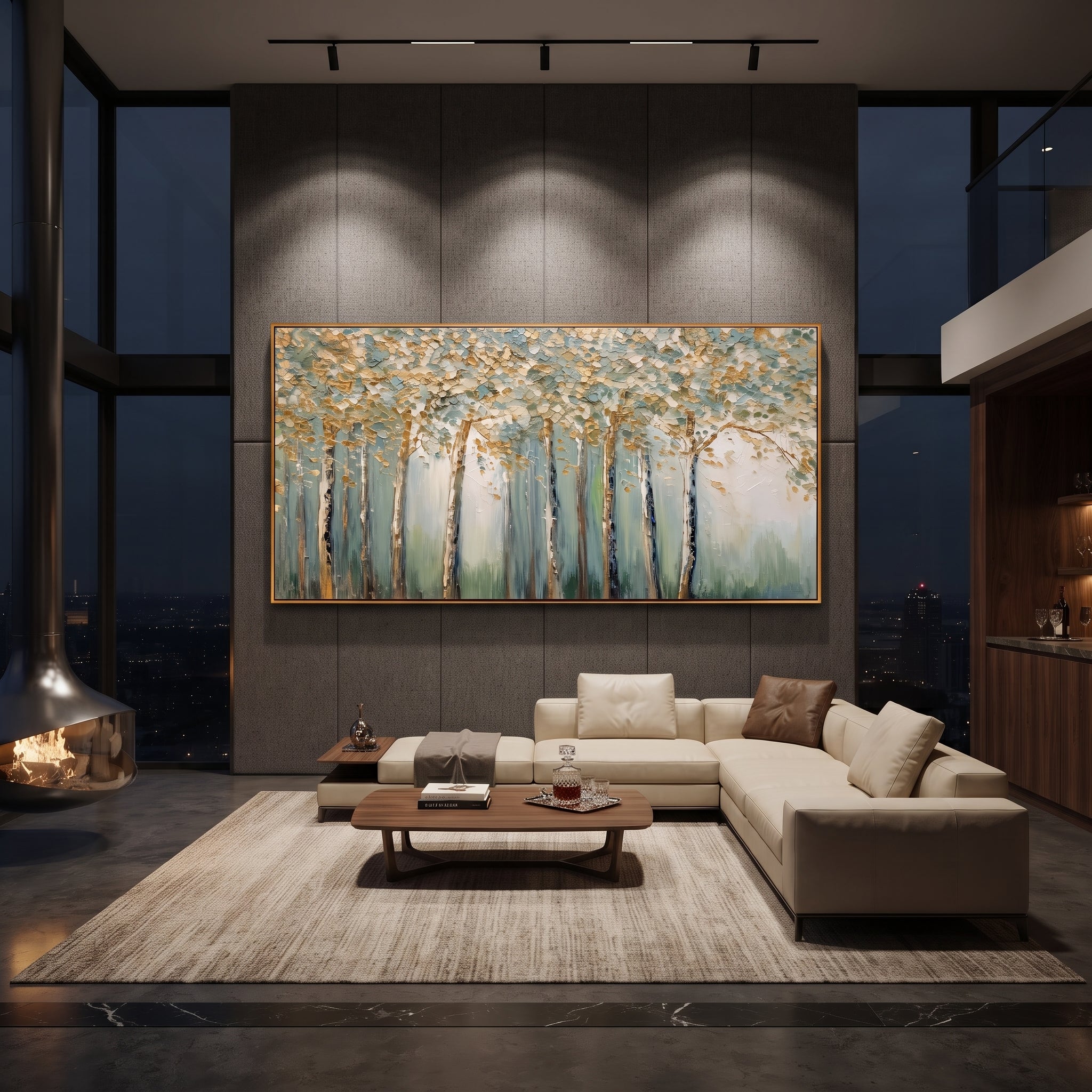 "Blue Gold Birch Forest Painting" focuses on atmosphere, surface movement, and sculptural heavy impasto craftsmanship rather than a fixed literal storyline. The composition uses this hand-painted panoramic canvas presents a panoramic birch forest with slender trunks, blue-green mist, white canopy texture, and warm golden leaf accents, with visible raised palette-knife paint and handmade surface depth as the visual anchor, while layered palette-knife paint, raised plaster-like texture, and