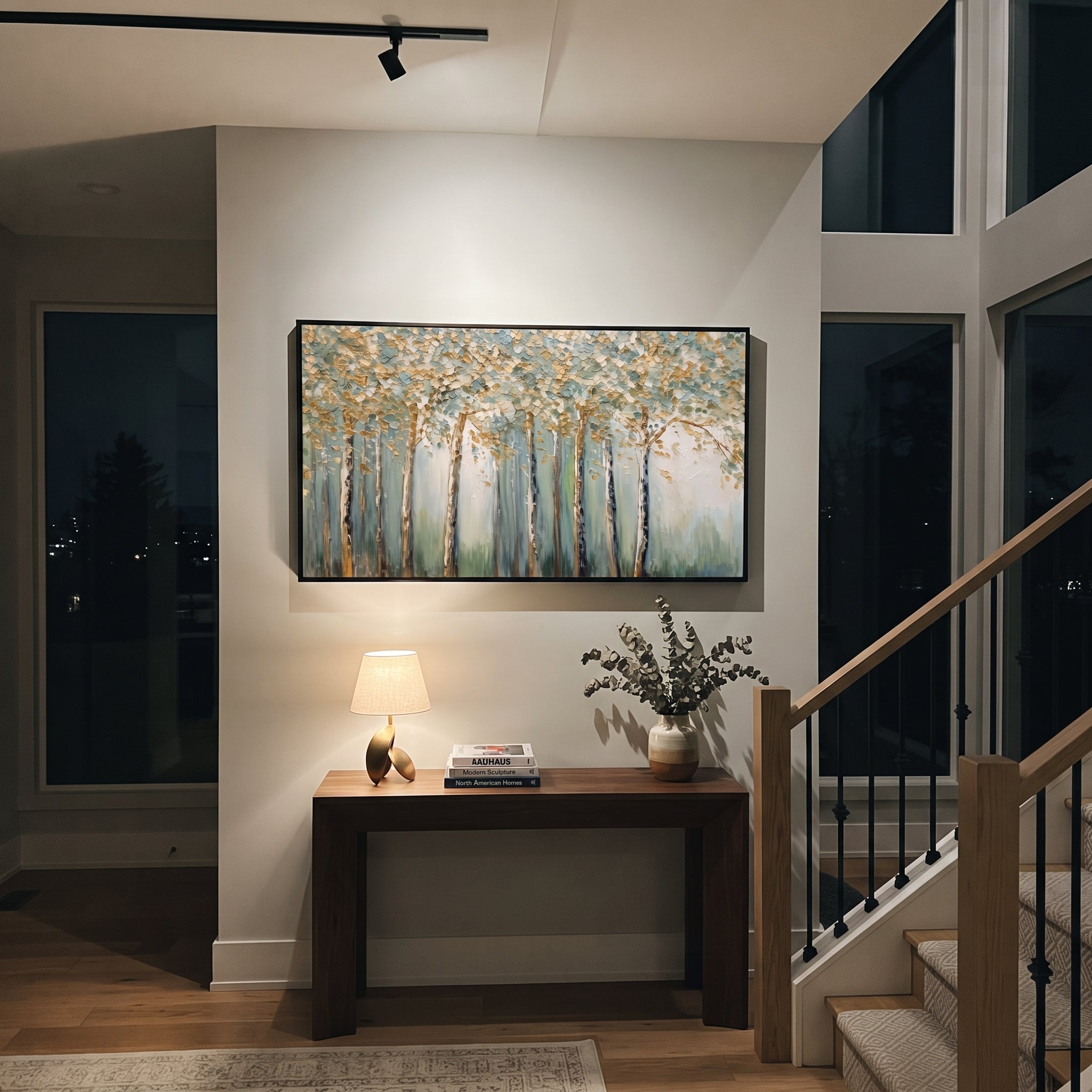 "Blue Gold Birch Forest Painting" focuses on atmosphere, surface movement, and sculptural heavy impasto craftsmanship rather than a fixed literal storyline. The composition uses this hand-painted panoramic canvas presents a panoramic birch forest with slender trunks, blue-green mist, white canopy texture, and warm golden leaf accents, with visible raised palette-knife paint and handmade surface depth as the visual anchor, while layered palette-knife paint, raised plaster-like texture, and