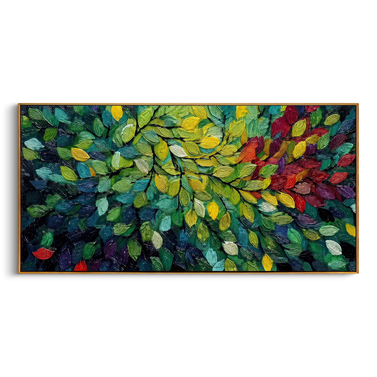"Colorful Forest Leaves Painting" - Modern Heavy Impasto Geometric Abstract | Natural & Yellow Palette Knife Painting | Luxury Horizontal Wall Art #PT 1409