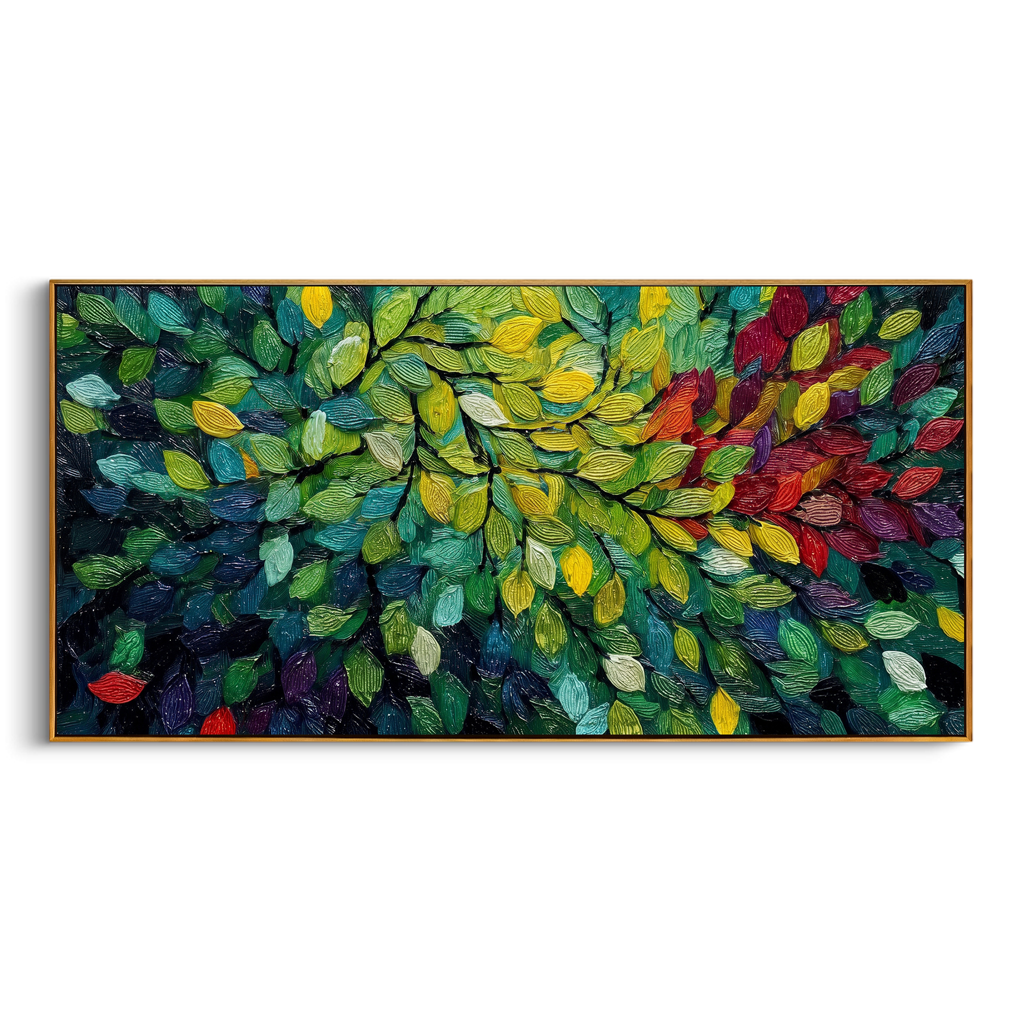 "Colorful Forest Leaves Painting" focuses on atmosphere, surface movement, and sculptural heavy impasto craftsmanship rather than a fixed literal storyline. The composition uses this hand-painted panoramic canvas presents a dense panoramic leaf canopy with emerald green, yellow, red, purple, and blue leaves over dark branch lines, with visible raised palette-knife paint and handmade surface depth as the visual anchor, while layered palette-knife paint, raised plaster-like texture, and softened