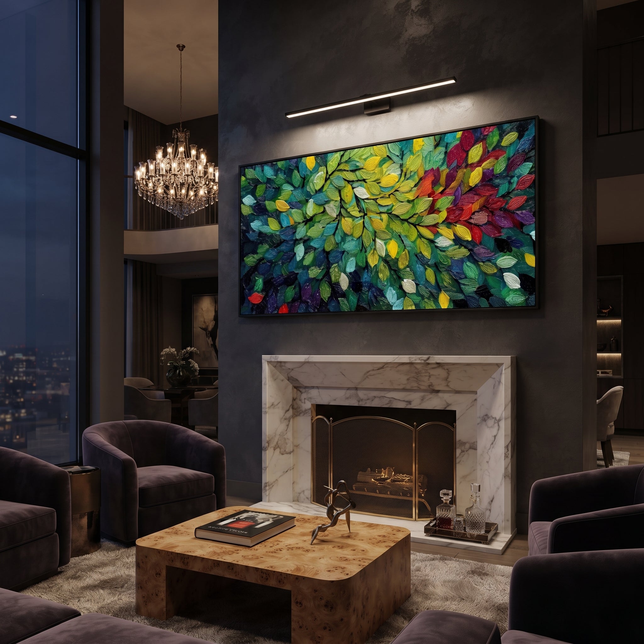 "Colorful Forest Leaves Painting" focuses on atmosphere, surface movement, and sculptural heavy impasto craftsmanship rather than a fixed literal storyline. The composition uses this hand-painted panoramic canvas presents a dense panoramic leaf canopy with emerald green, yellow, red, purple, and blue leaves over dark branch lines, with visible raised palette-knife paint and handmade surface depth as the visual anchor, while layered palette-knife paint, raised plaster-like texture, and softened